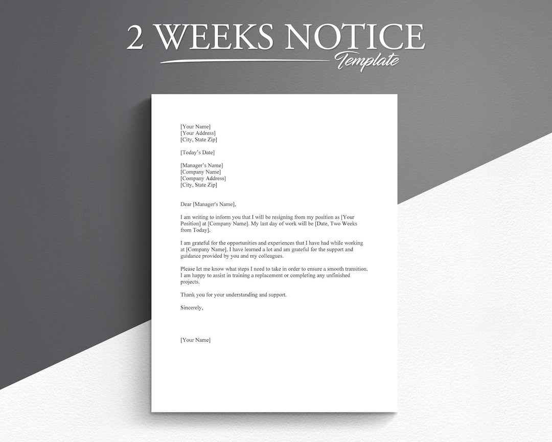 2 Weeks Notice Letter Template Google Docs microsoft Word Notice Letter Resign Letter Etsy