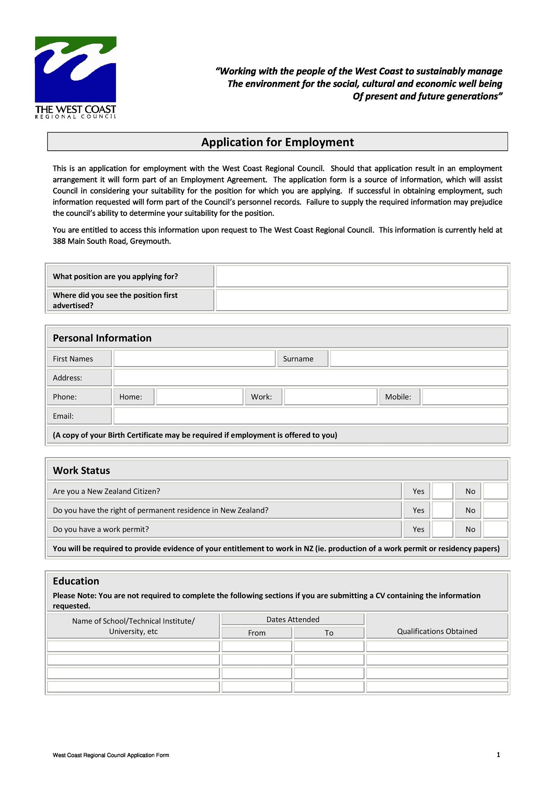 Job Application Template Free Printable