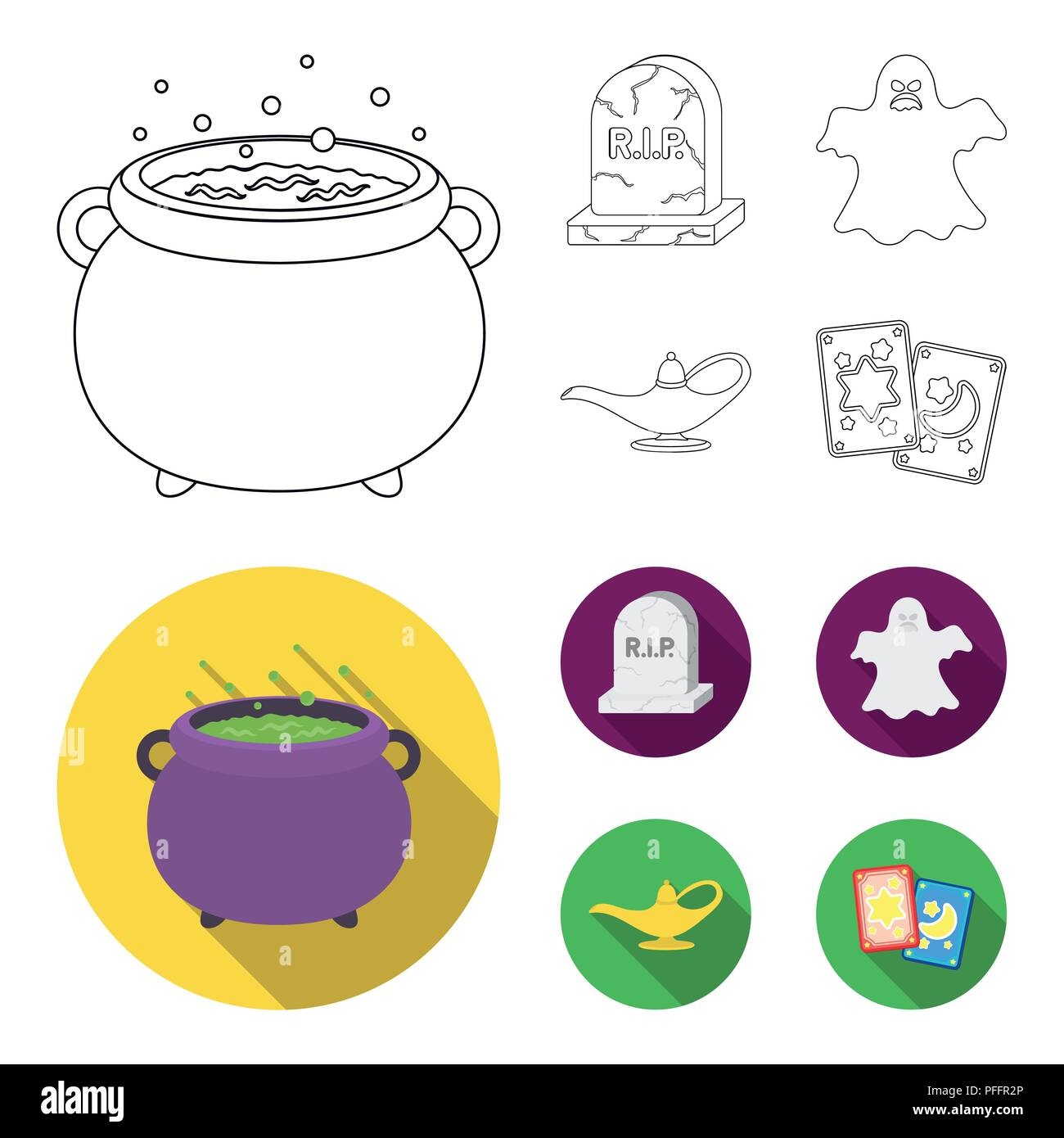 A Witch Cauldron A Tombstone A Ghost A Gin Lamp Black And White Magic Set Collection Icons In Outline flat Style Vector Symbol Stock Illustration Stock Vector Image Art Alamy