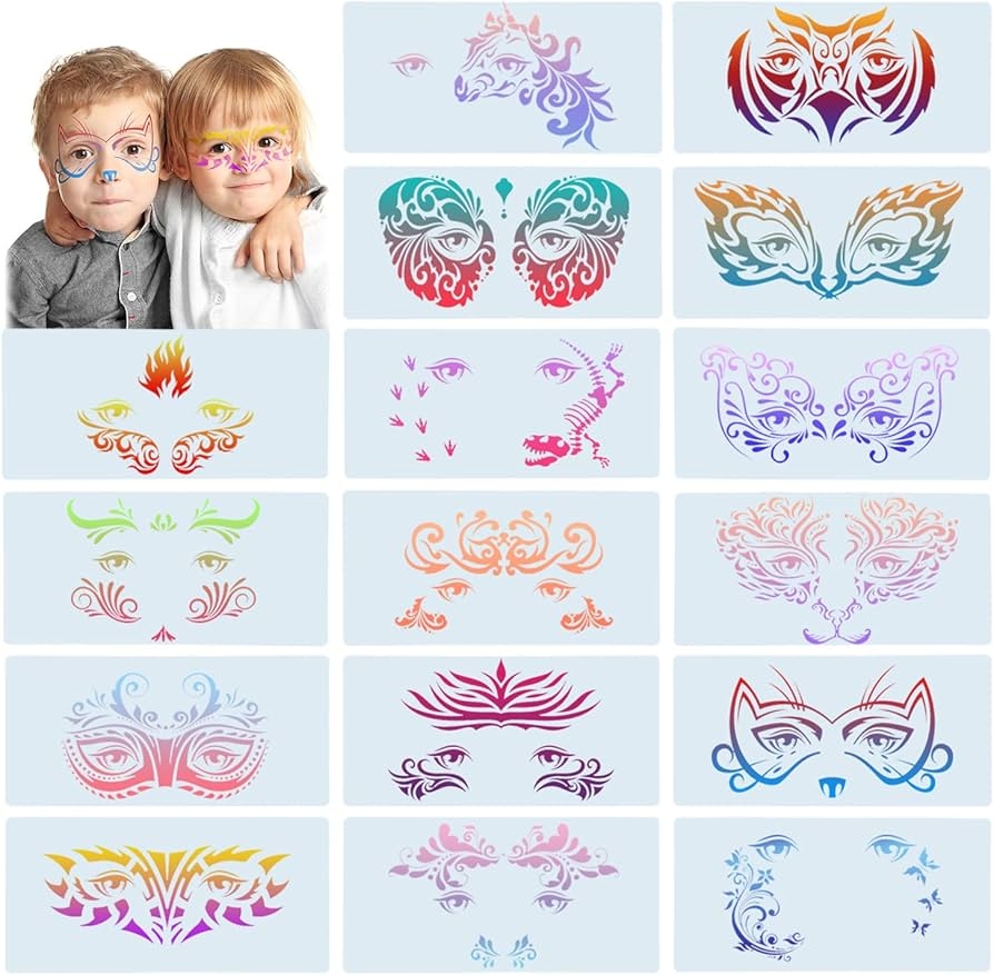 Amazon 16 Pieces Carnival Face Stencils Reusable Face Paint Templates For Kids Adult Tattoo Painting Dinosaur Unicorn Pattern Carnival Party Supply 10 X 4 7 Inch
