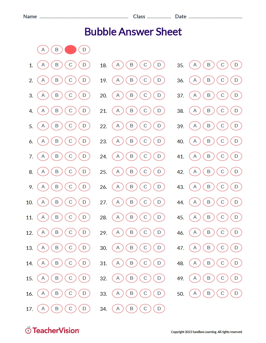 Bubble Answer Sheet For Tests TeacherVision