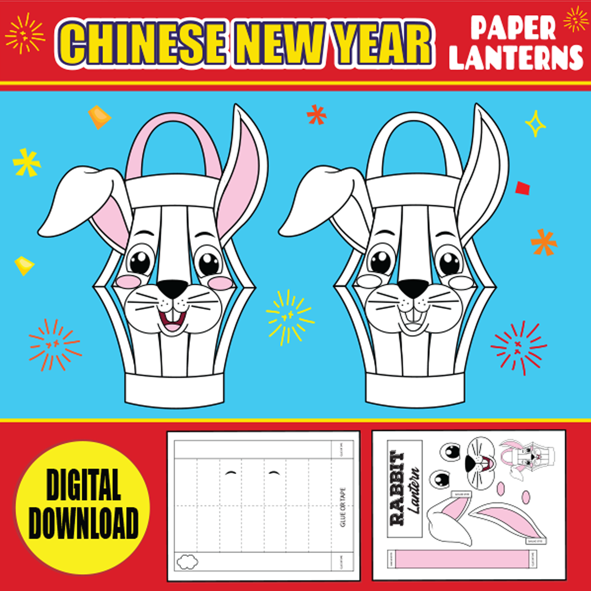 Chinese New Year Craft Year Of The Rabbit Paper Lantern PRINTABLE Lunar New Year Activity DIY Lantern Template Classful