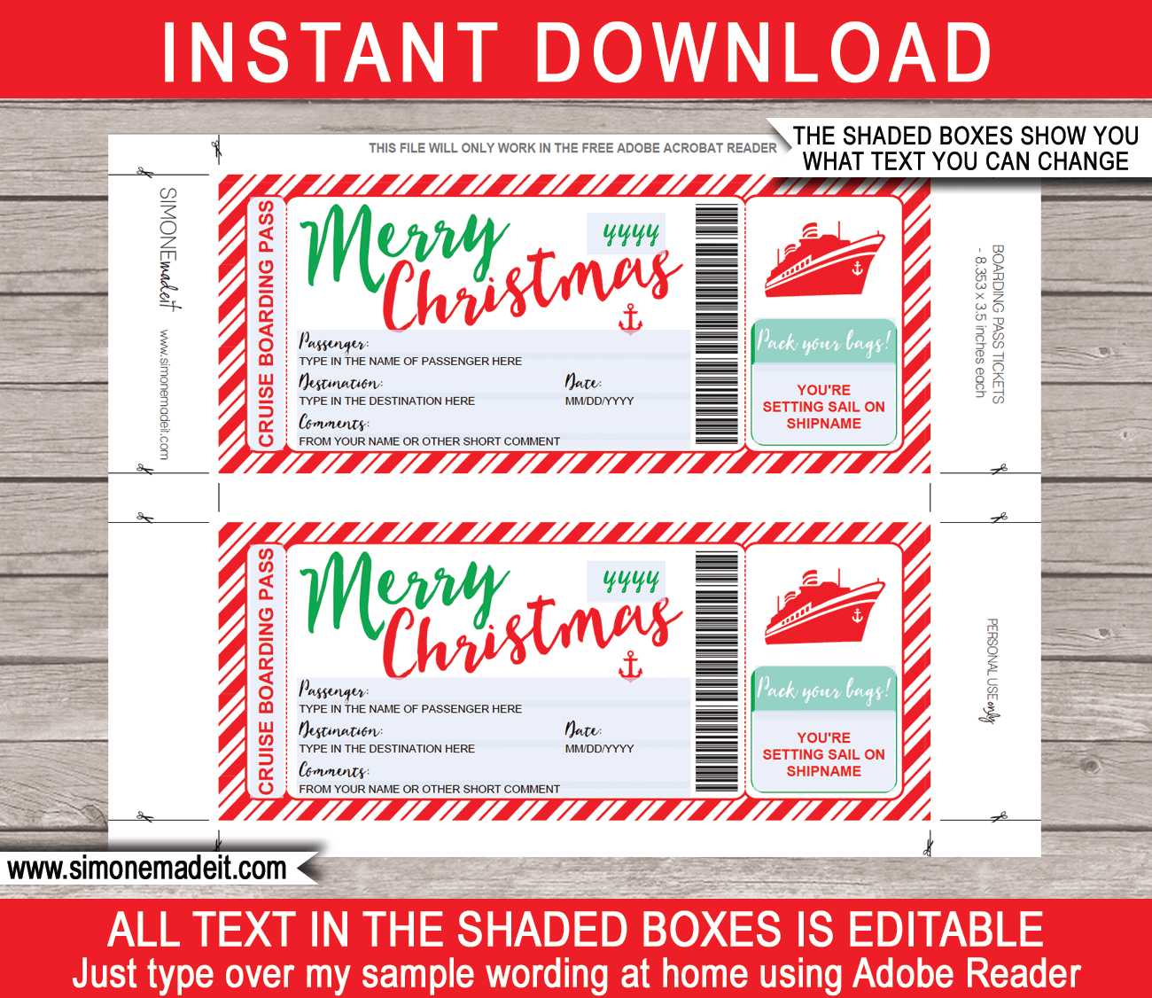 Christmas Cruise Boarding Pass Template Printable Cruise Ticket Gift