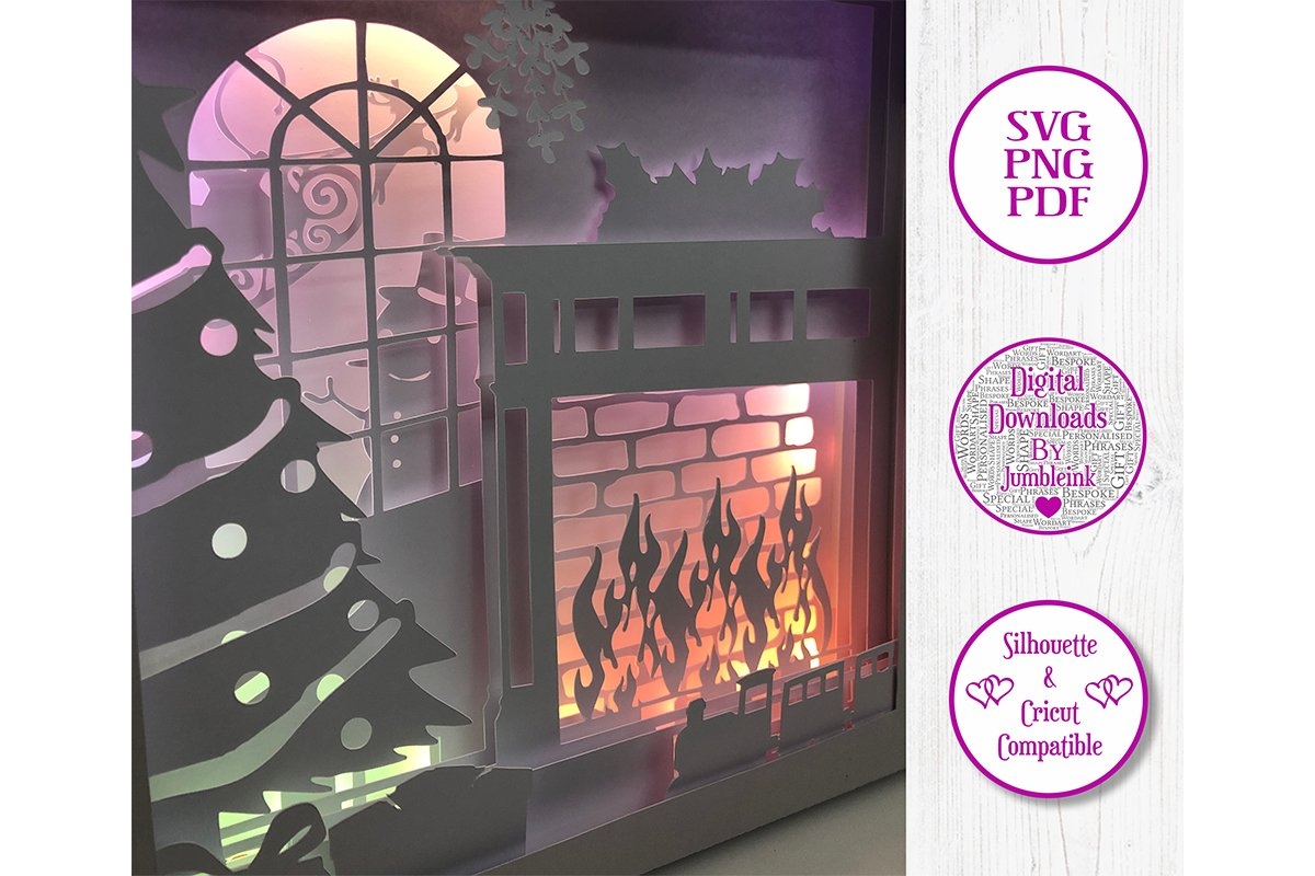 Christmas Fireplace 3D Paper Cut Template Light Box