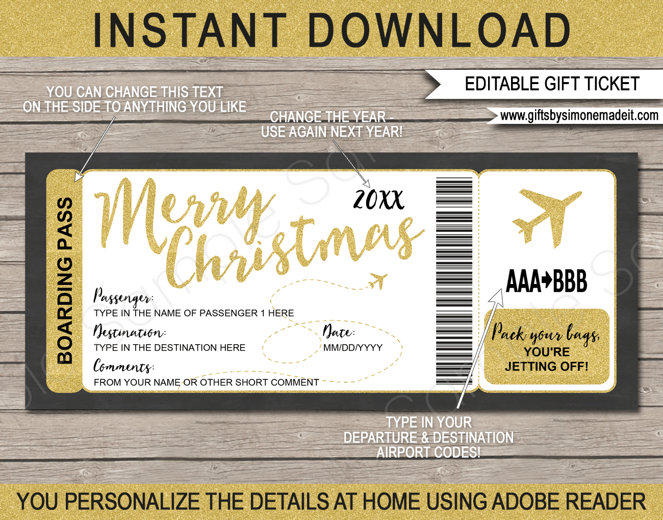 Christmas Plane Boarding Pass Gift Template Fake Plane Gift Ticket
