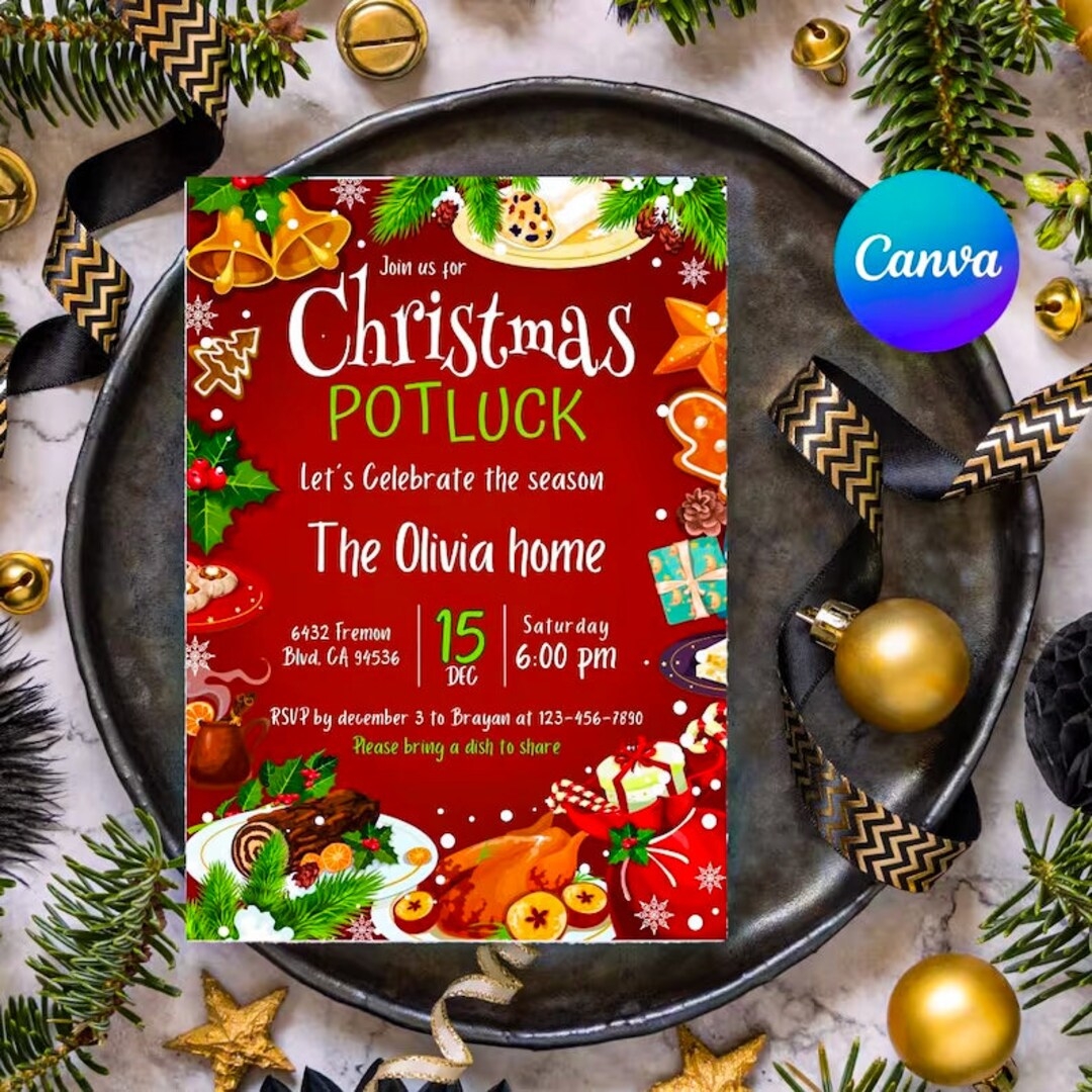 Christmas Potluck Editable Christmas Shared Invitation Template Christmas Potluck Shared Invitation Family Christmas Dinner Invitation Etsy