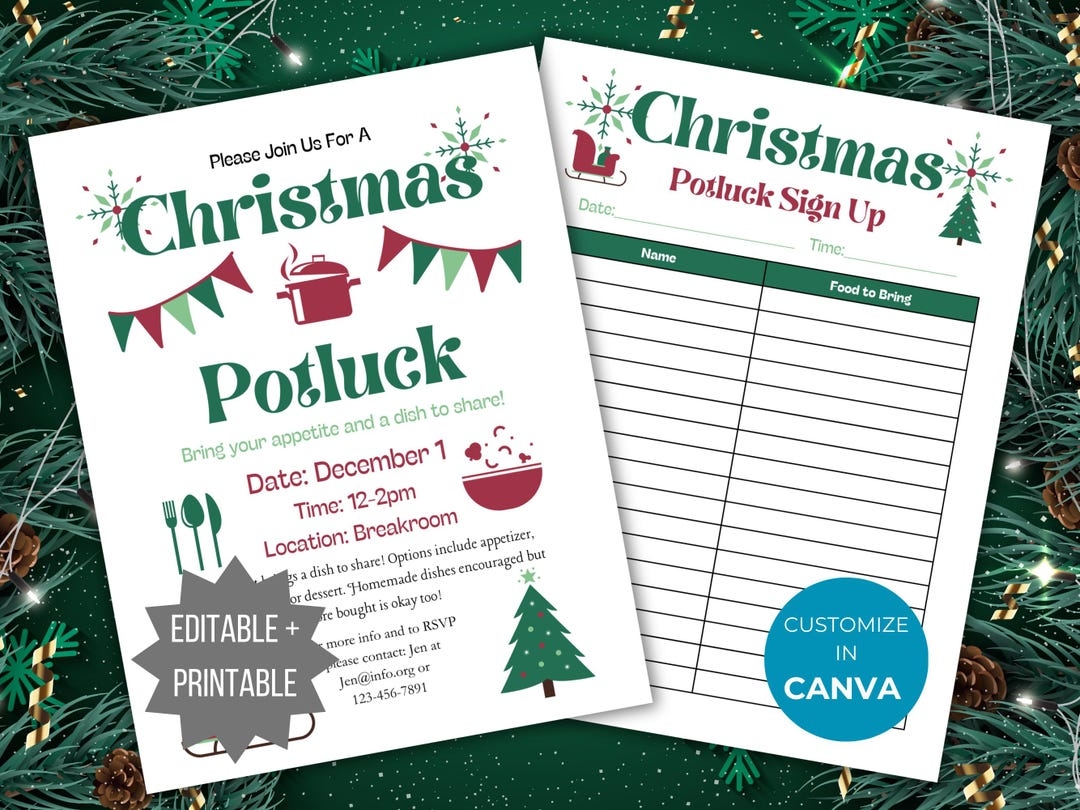 Christmas Potluck Flyer Template Holiday Potluck Sign Up Sheet Winter Event Flyer Community Dinner Potluck Invitation Food Signup Bundle Etsy UK