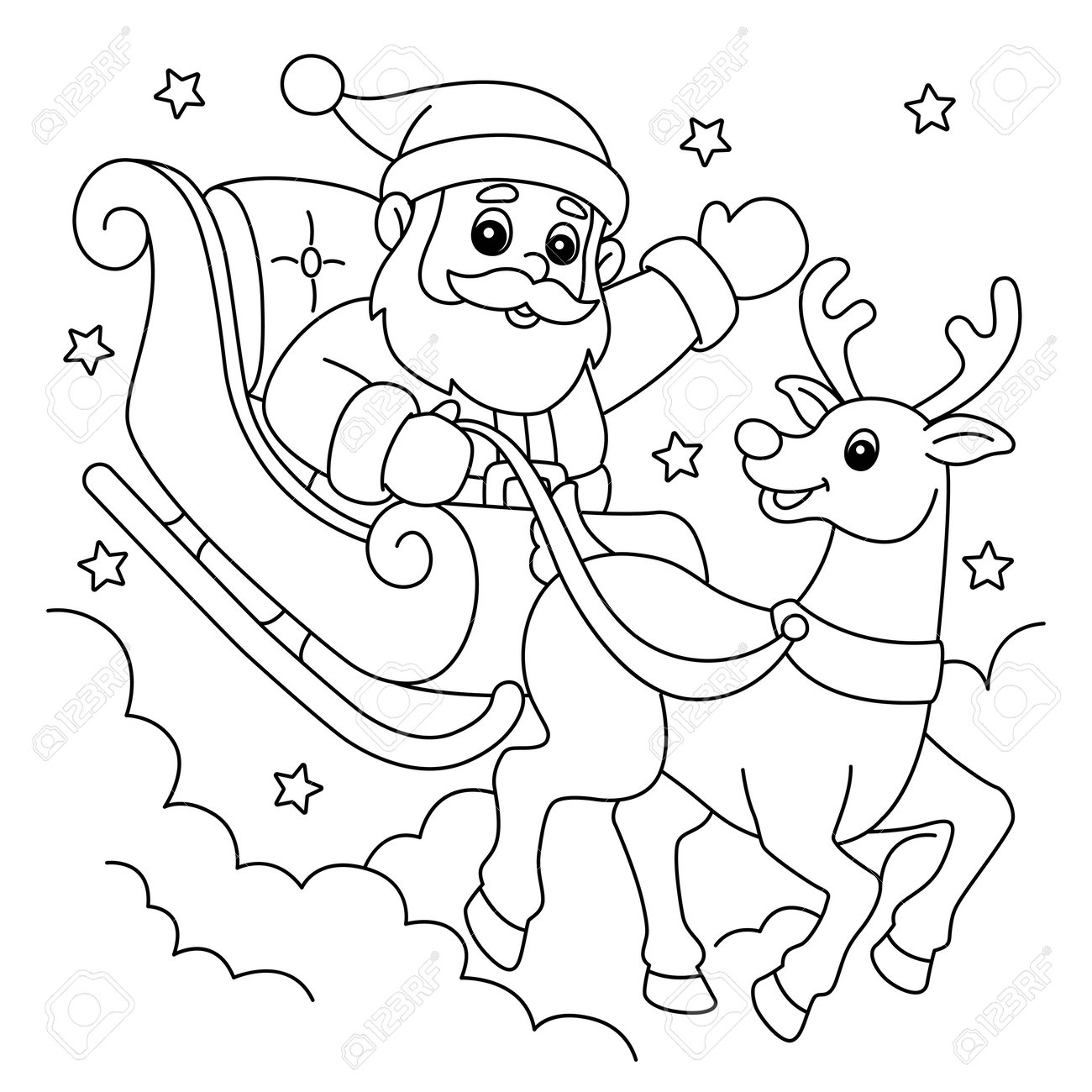 Christmas Santa Sleigh And Reindeer Coloring Page Royalty Free SVG Cliparts Vectors And Stock Illustration Image 191400955 