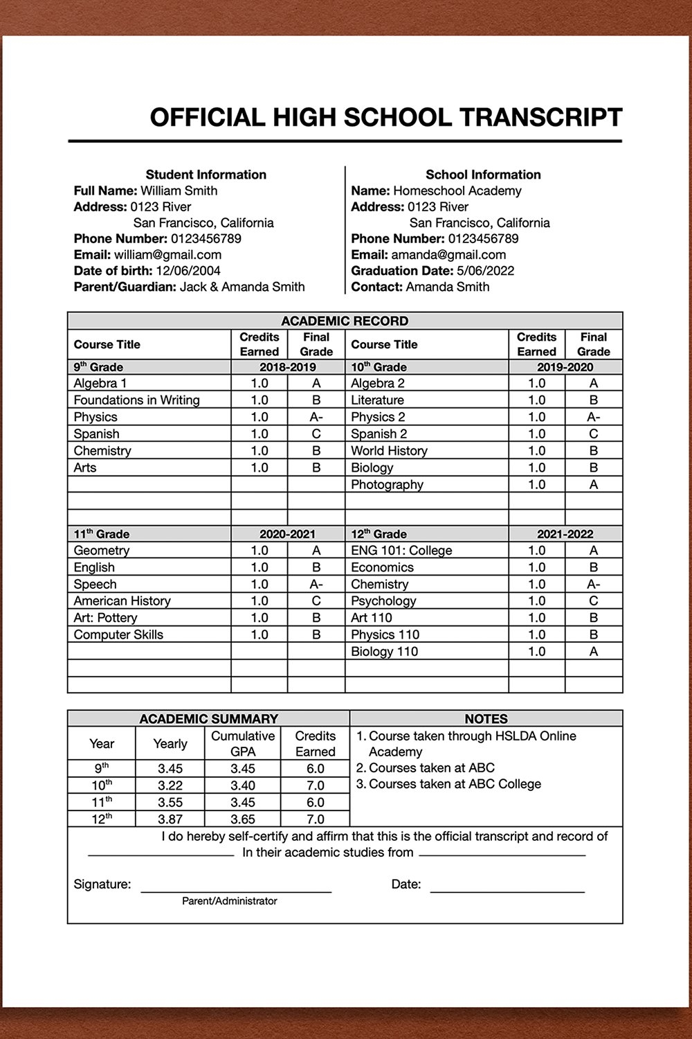 Classic High School Transcript Template MS Word Docs