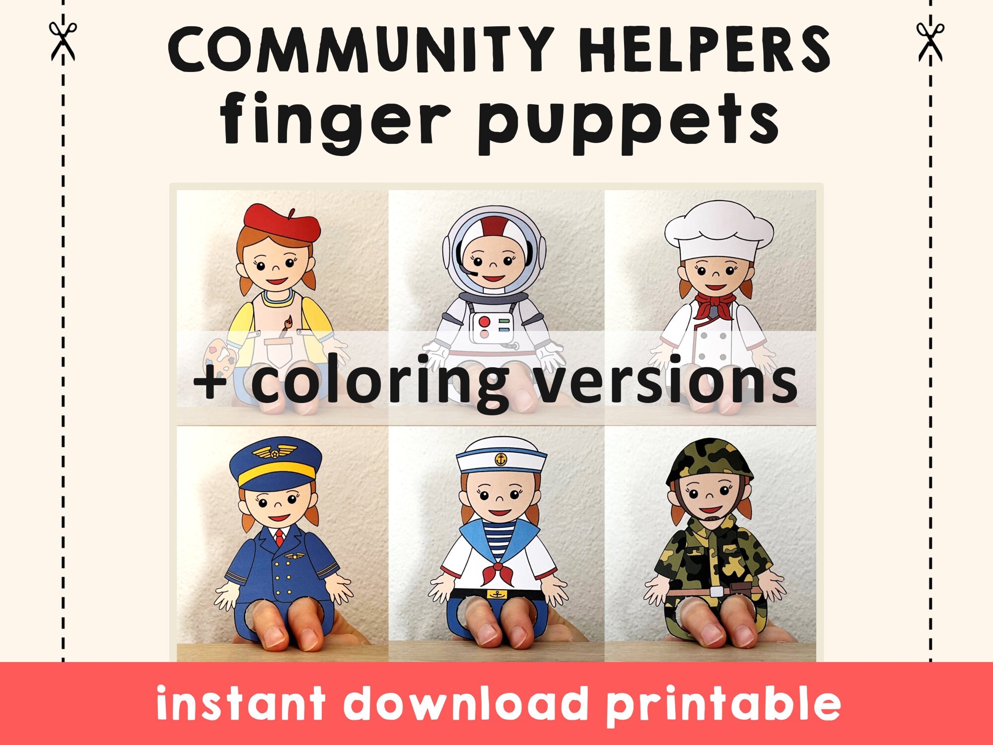 Community Helpers Paper Craft Printable Finger Puppet Template Kids Craft Career Day Birthday Party Coloring Puppet Printable Download Etsy