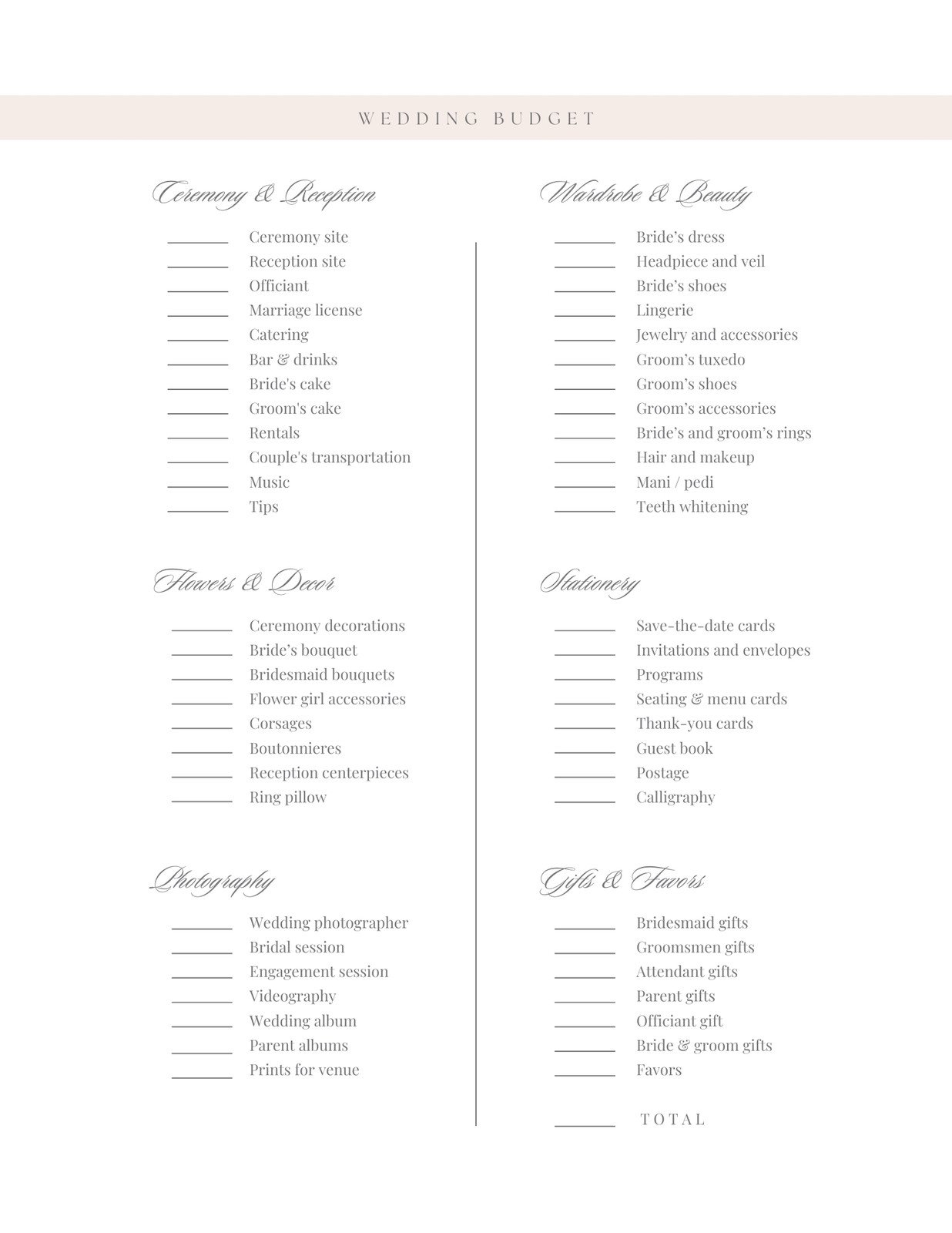 Wedding Budget Template Printable