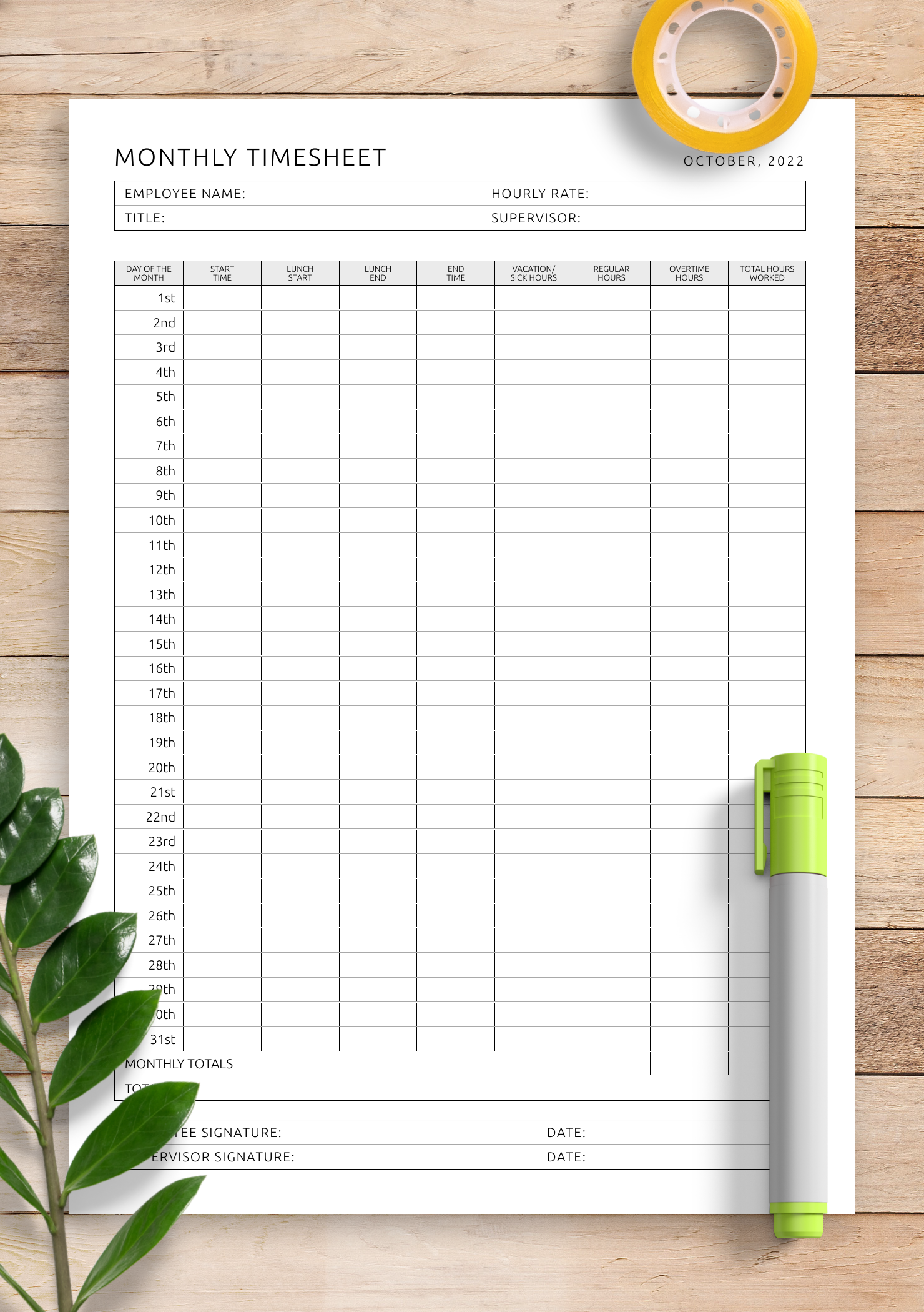 Printable Timecard Template