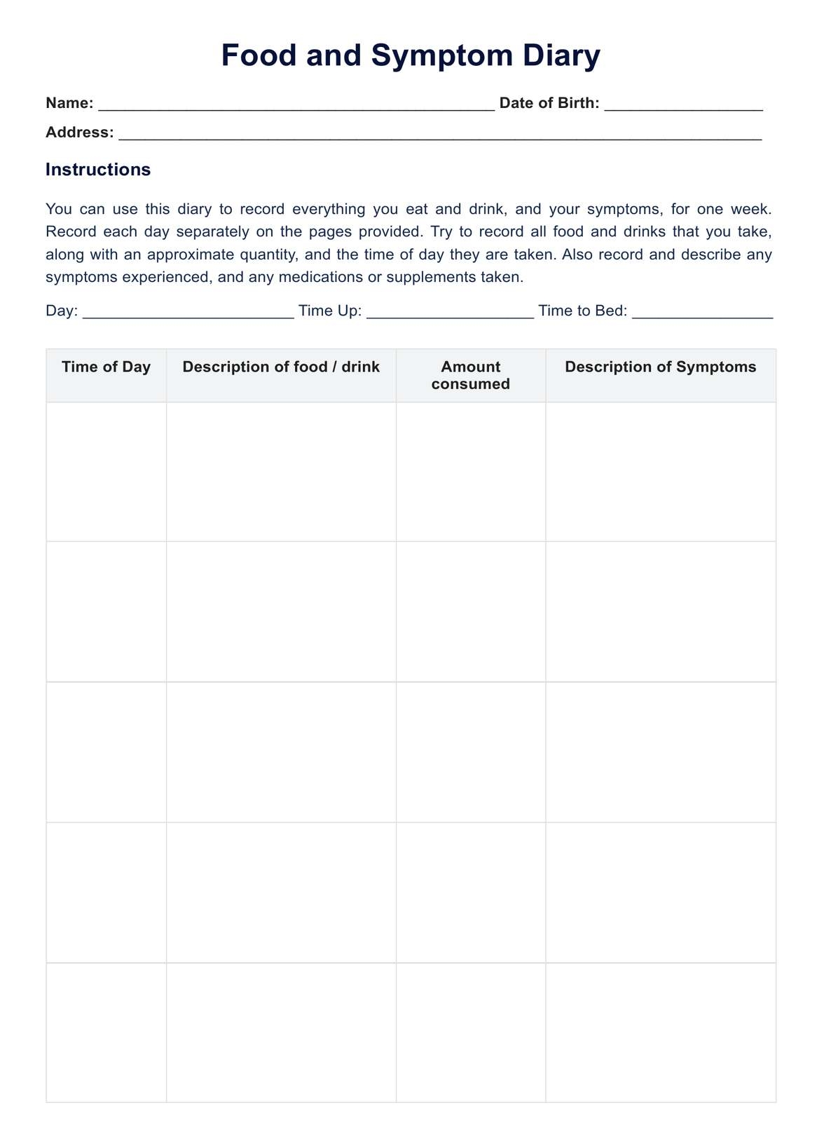 Food And Symptom Diary PDF Example Free PDF Download