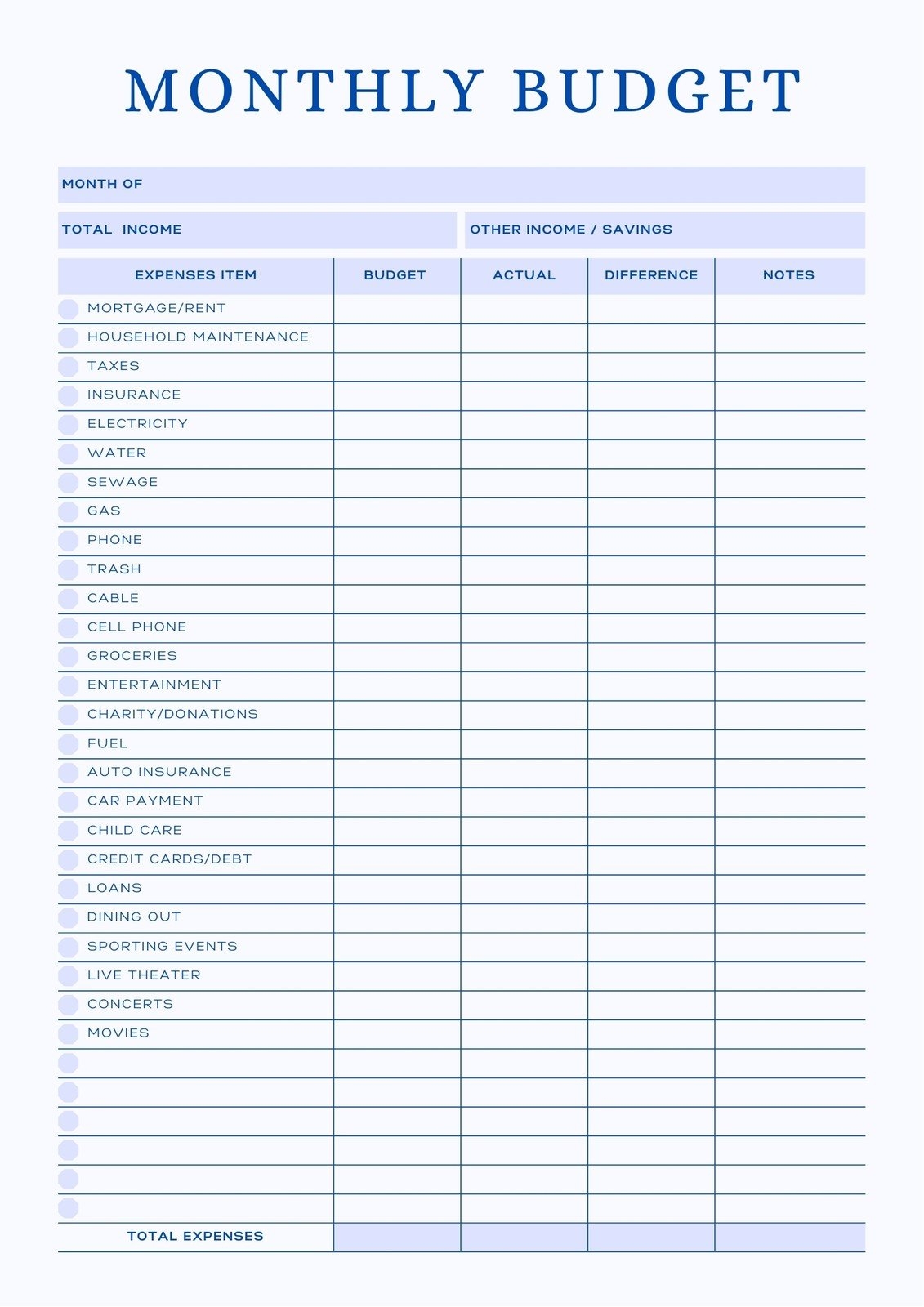 Free Printable Monthly Budget Template To Print
