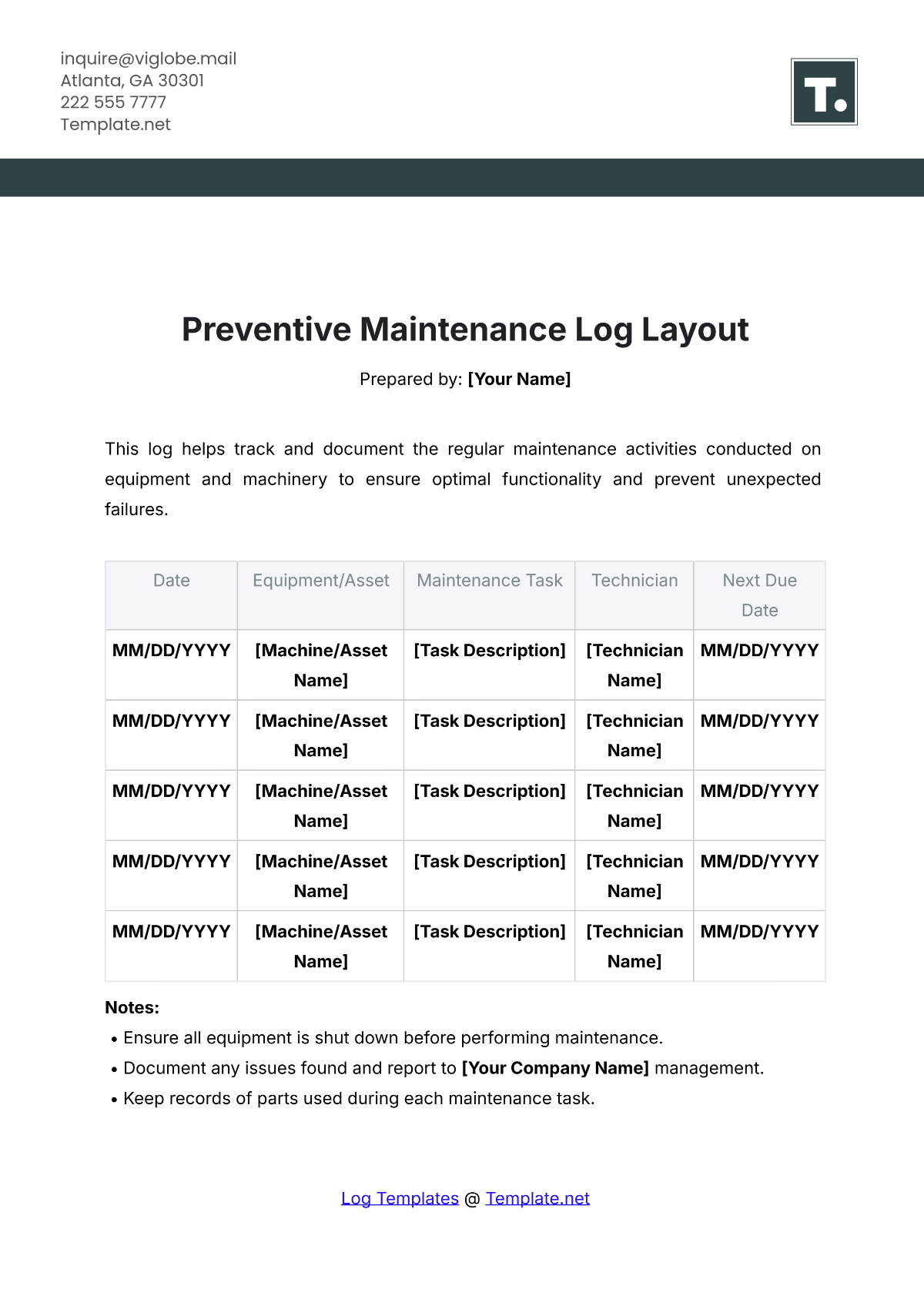 Printable Pool Chemical Log Template