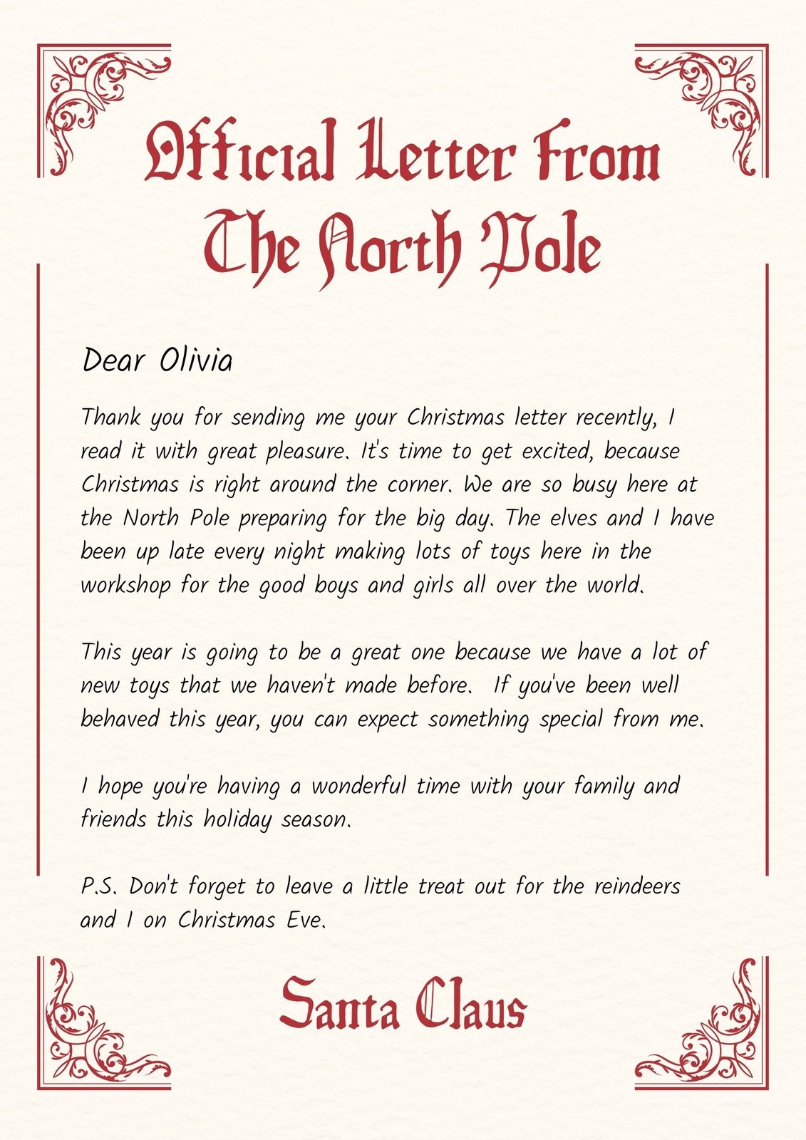 Free Printable Letter To Santa Claus Template