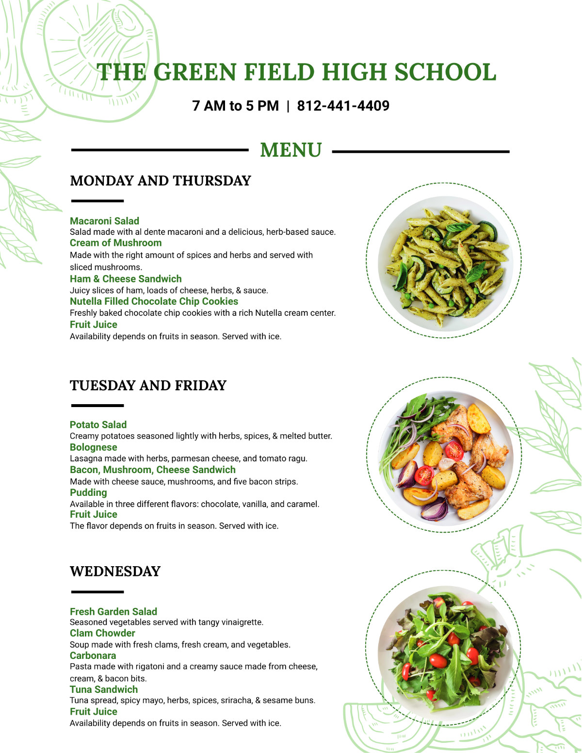 Free School Menu Templates Editable And Printable
