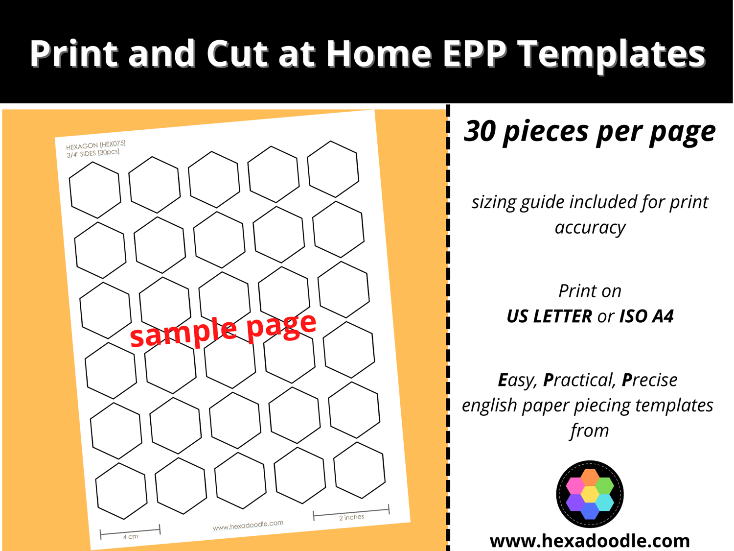 HEX075 HEXAGON EPP Print And Cut At Home Templates Inch Sides For Printing And Cutting Out At Home 30 Hexagons Per Page 