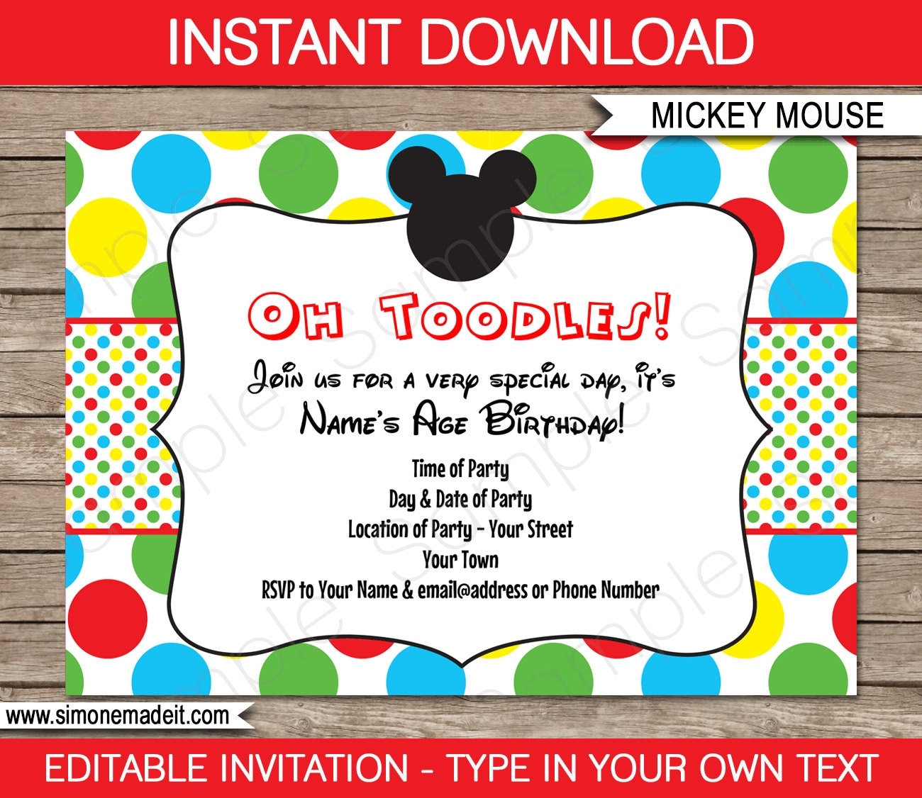 Mickey Mouse Invitation Template Printable Birthday Party Invite INSTANT DOWNLOAD With EDITABLE Text You Personalize At Home Etsy