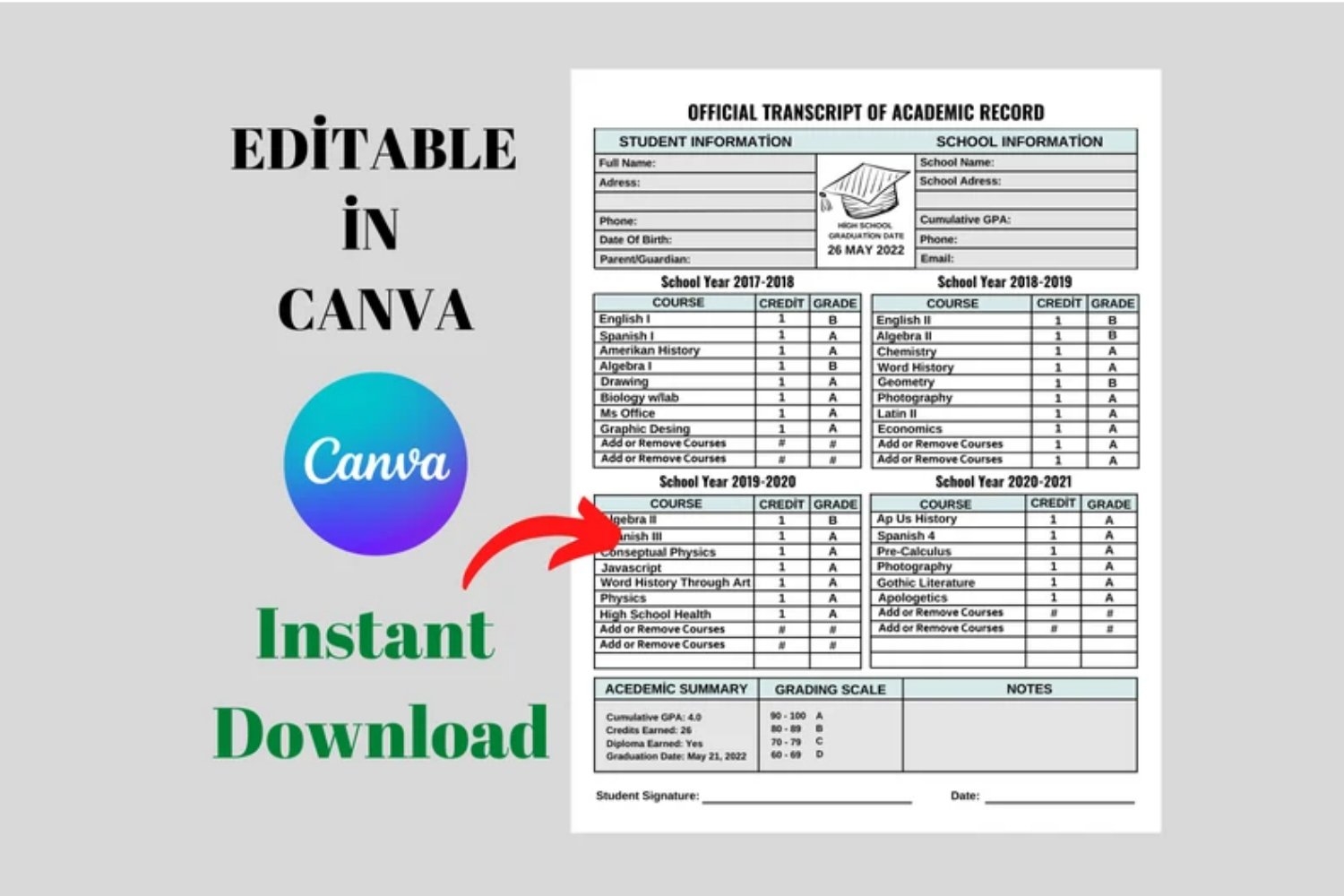 Printable Transcript Template Homeschool Transcript