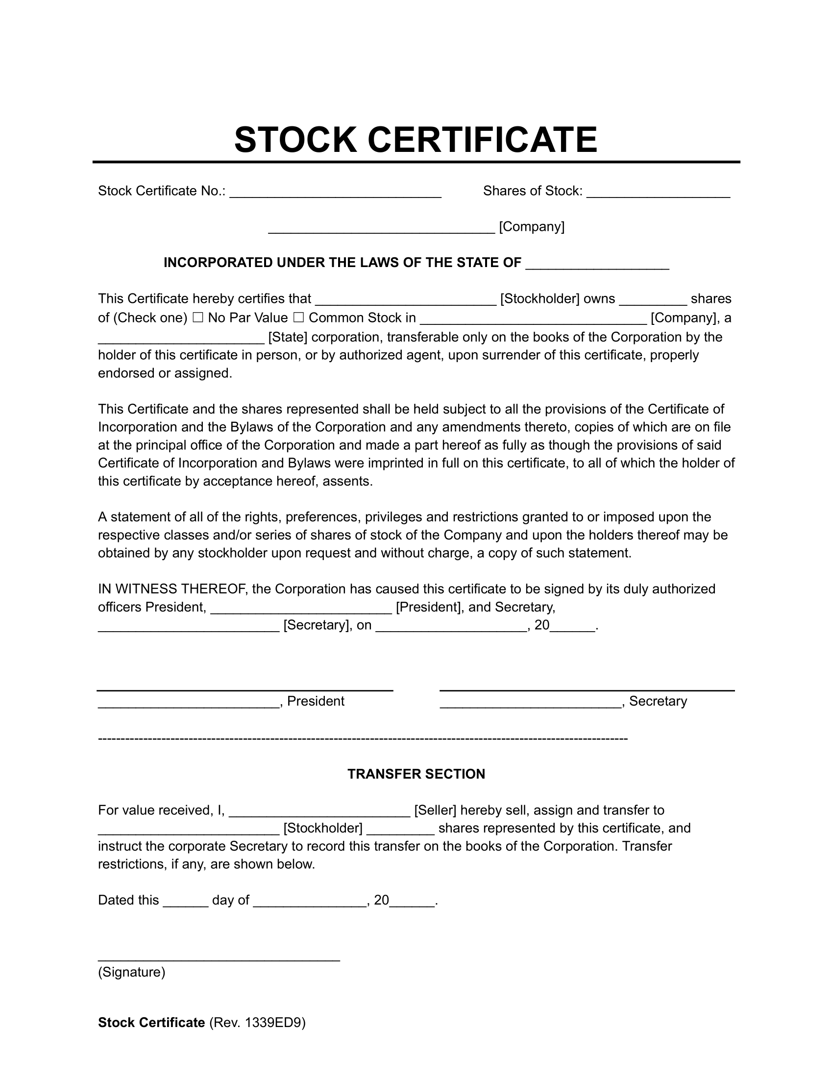 Stock Certificate Template PDF Word