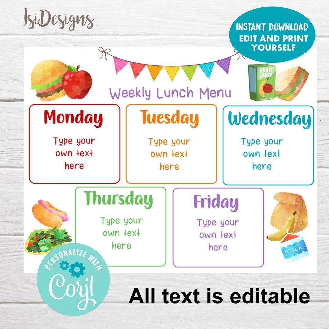 Weekly Menu Planner Editable Lunch Menu Template Instant Download School Lunch Menu Planner Back To School Printable Meal Planner Etsy Singapore