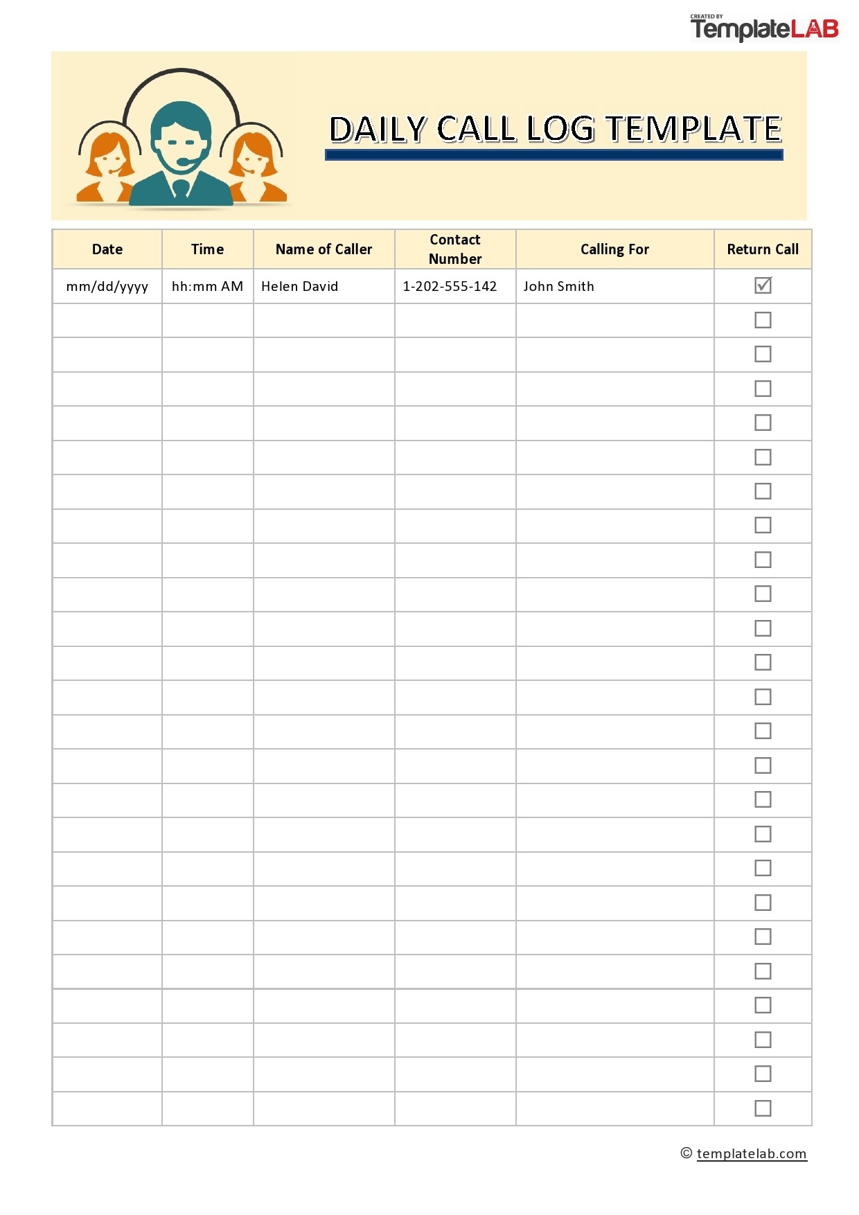 Call Log Template Printable
