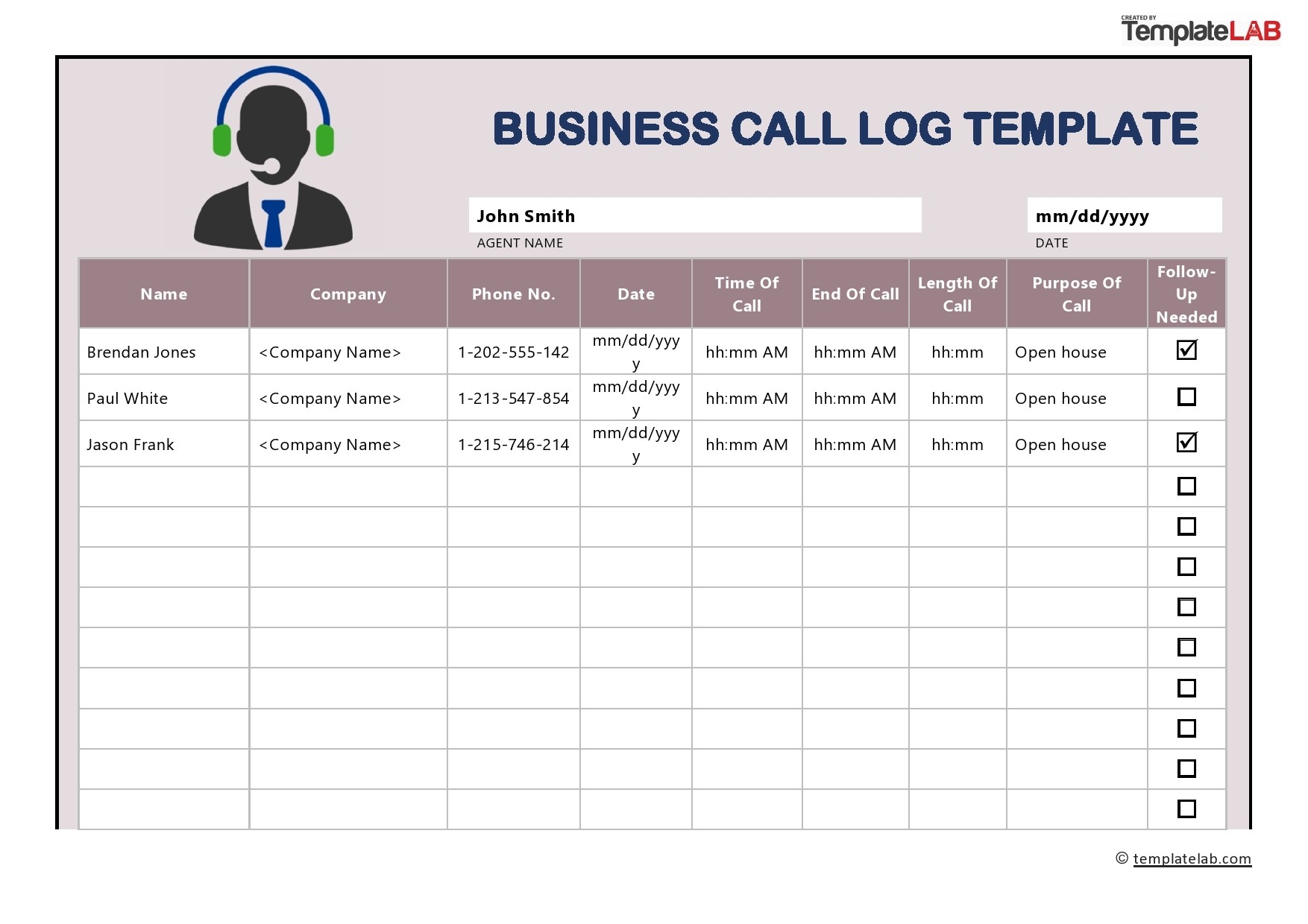 Excel Printable Call Log Template