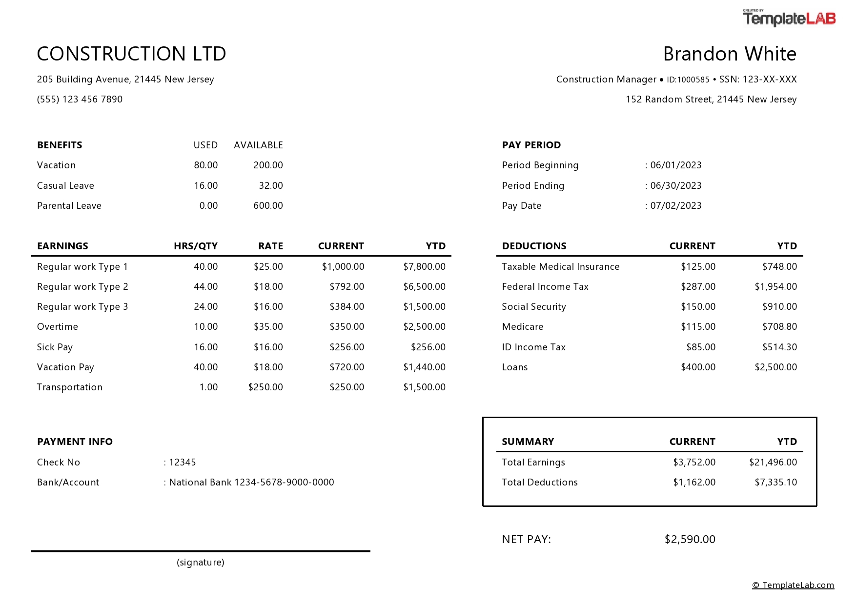 Printable Paycheck Stub Template