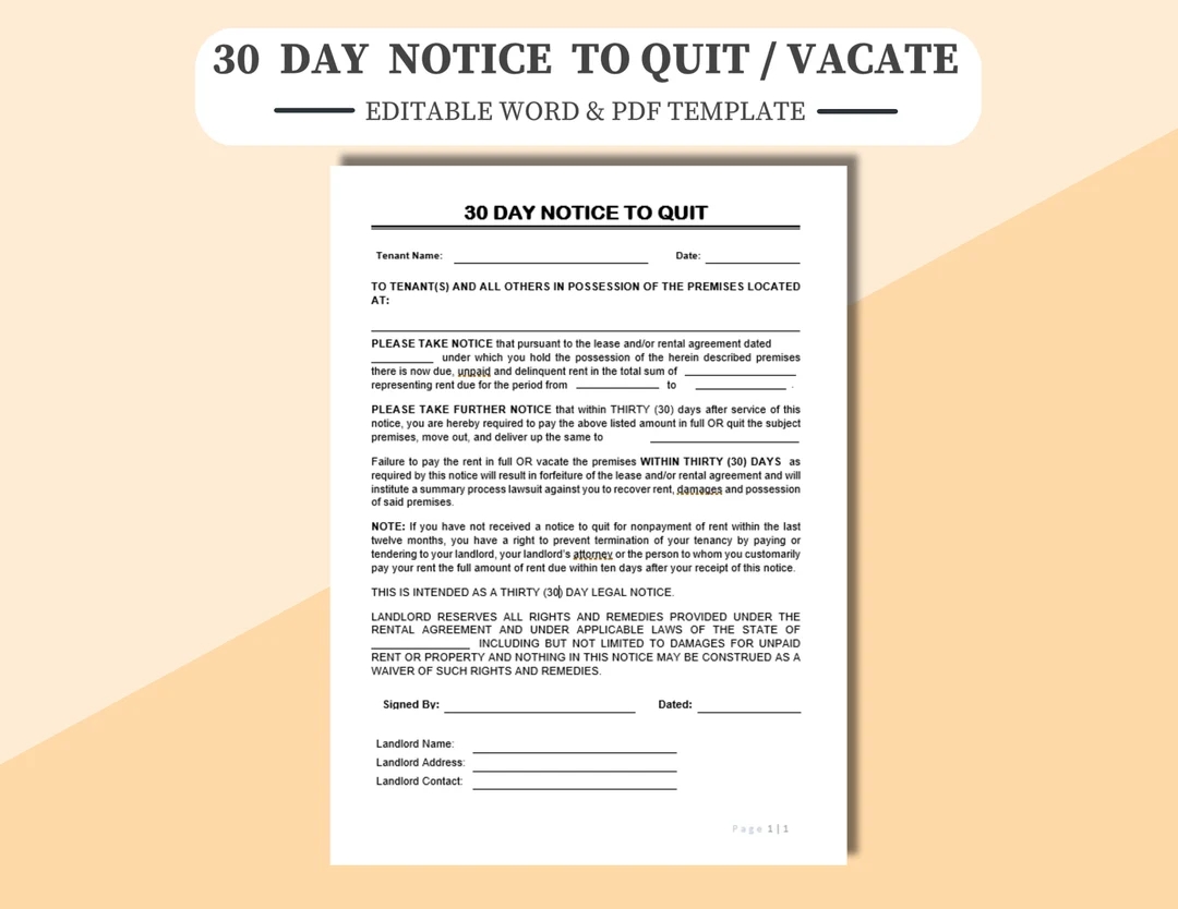 30 Day Notice To Quit Vacate Editable Printable In WORD Adobe PDF Digitally Edit Or Print And Manually Fill In Tenant Notice To Quit Etsy UK