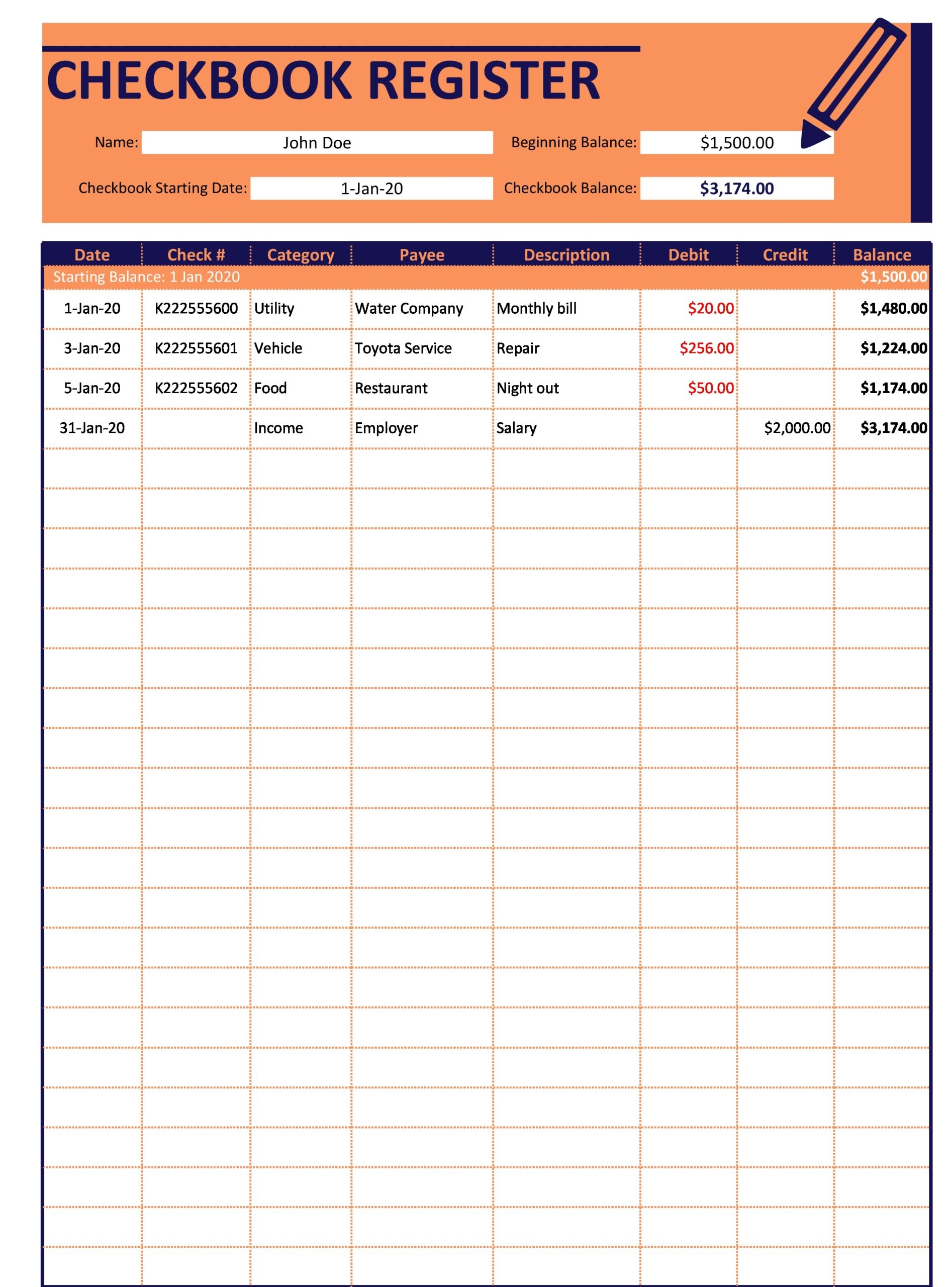 Checkbook Register Template Printable