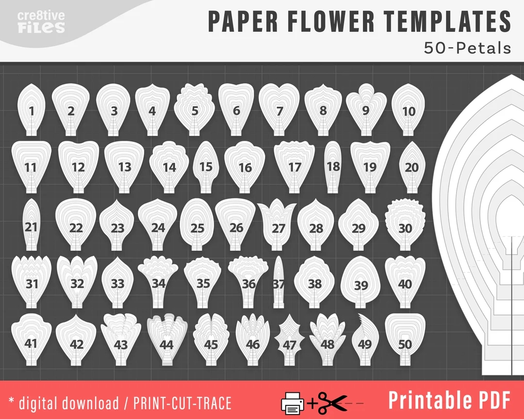 50 PDF PRINTABLE Paper Flower PETAL Templates Diy Large Paper Flower Templates Molde De Flores De Papel Print cut trace Flower Templates Etsy