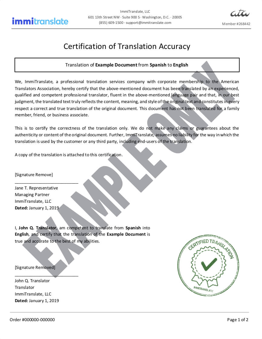 Birth Certificate Translation Template Uscis