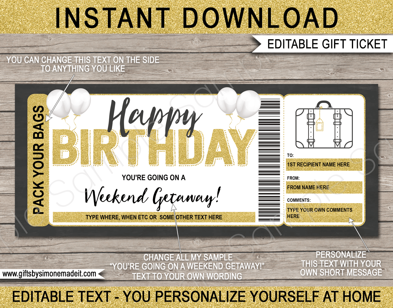Birthday Weekend Away Voucher Template Pack Your Bags Gift Ticket