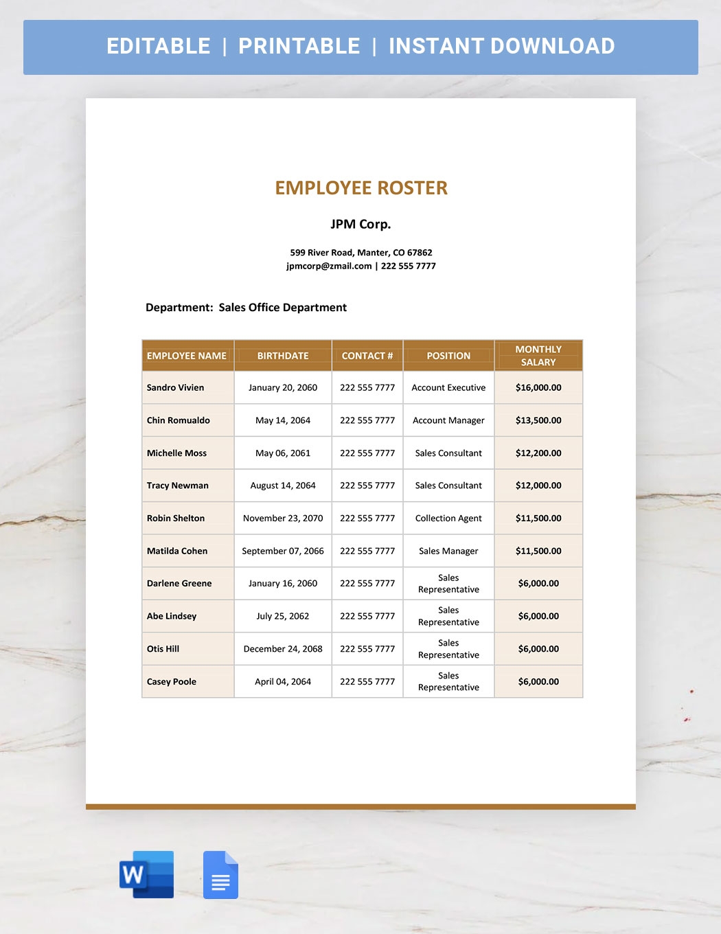 Blank Employee Roster Template In Google Docs Word Download Template 