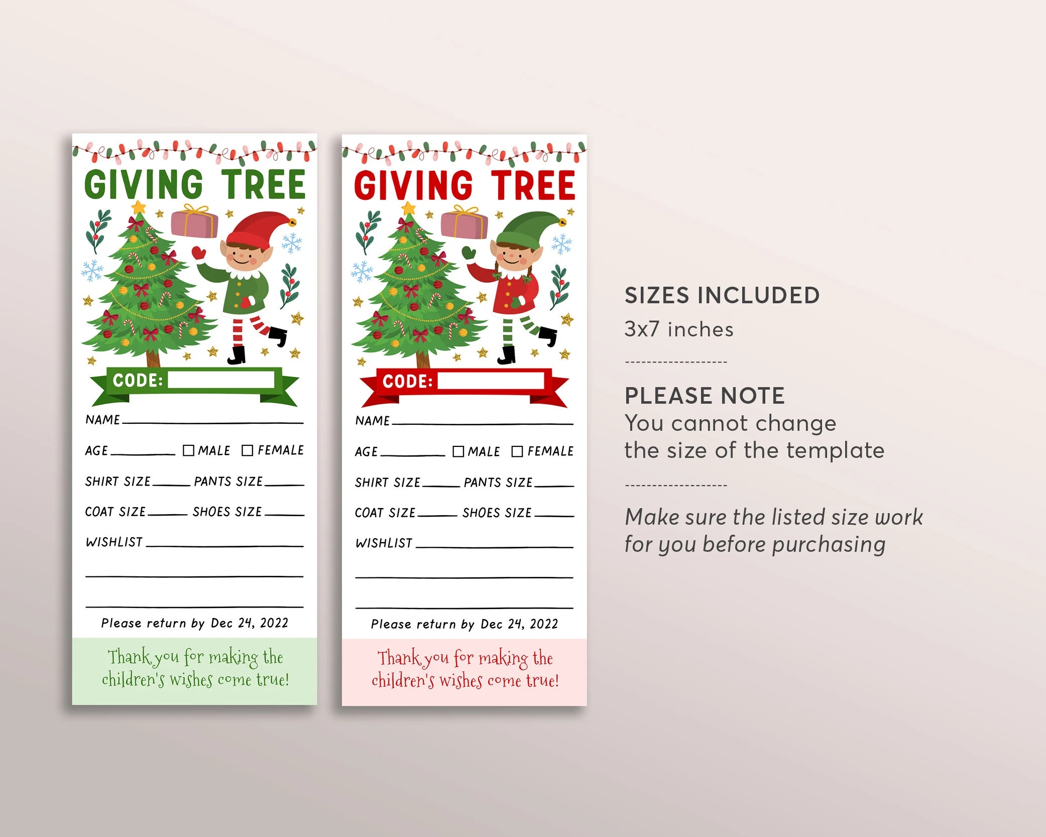 BOY And GIRL Elves Christmas Giving Tree Gift Tag Editable Template Donation Slip With Elf Printable Charity Community Event Church School Etsy