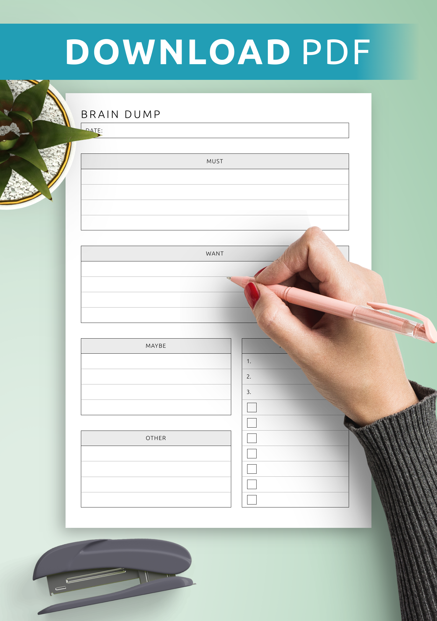 Brain Dump Template Digital Printable PDF For Clarity