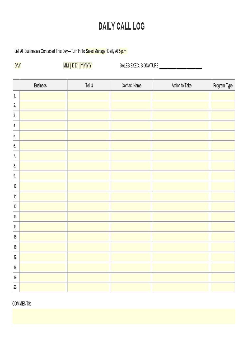 Call Log Template ONLYOFFICE
