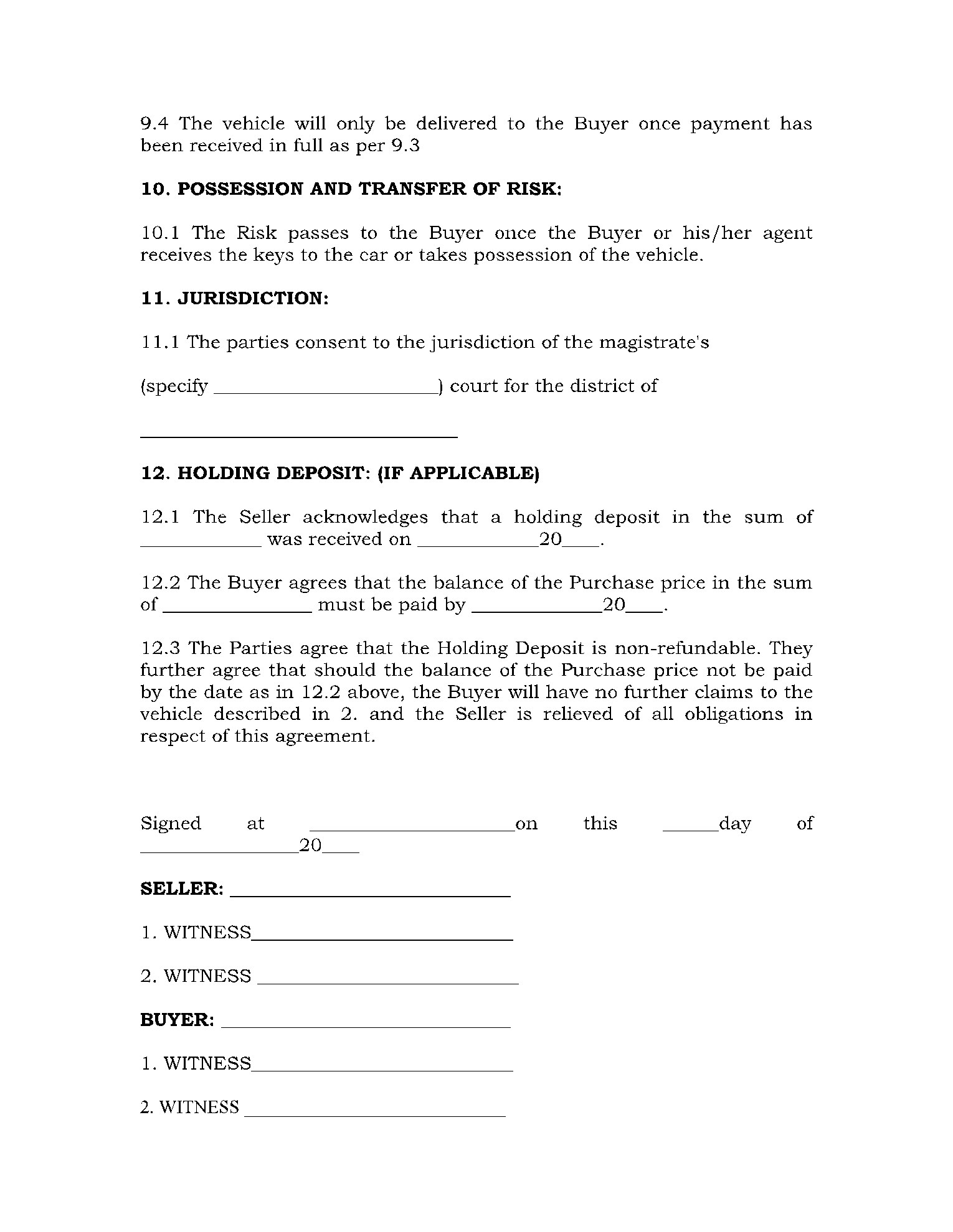 Free Printable Car Purchase Agreement Template