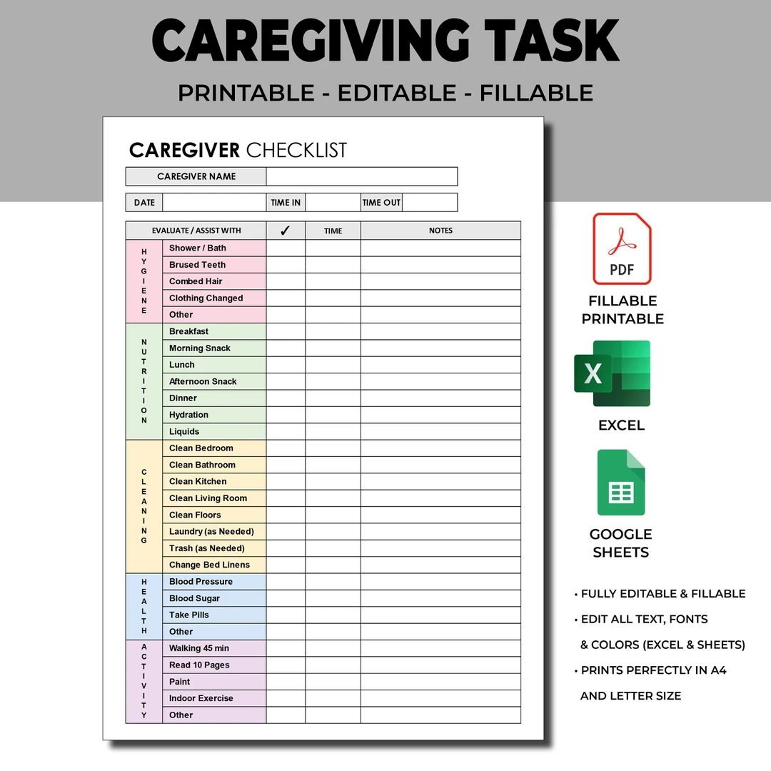 Caregiver Daily Tasks Log Caregiver Time Worked Elderly Care Caregiving Checklist Fillable Printable PDF Excel Template Google Sheets Etsy