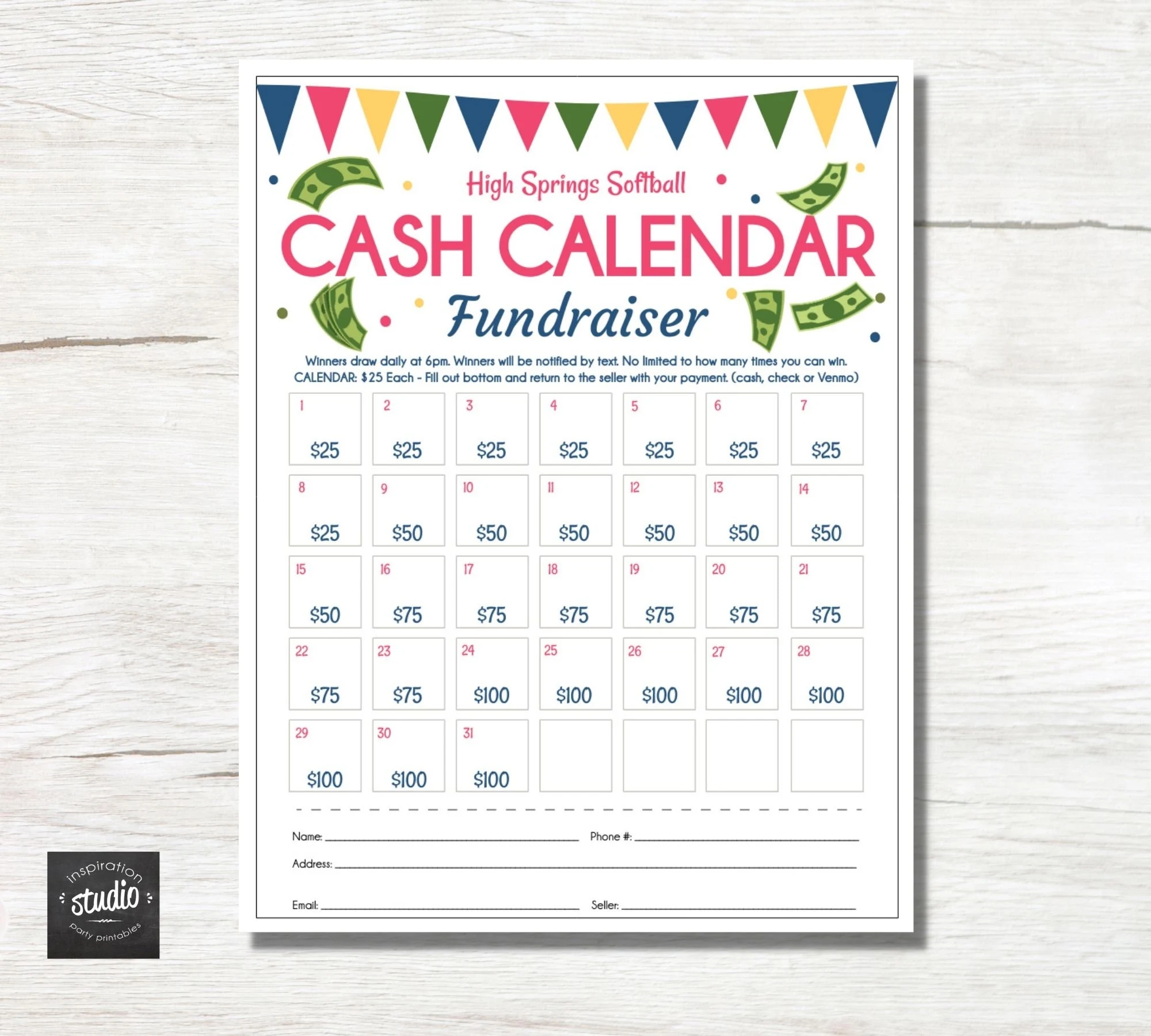 Cash Calendar Fundraiser Flyer Template Take Home Fundraising Event Daily Raffle School PTA PTO Easy To Use Template Pick Your Color Etsy