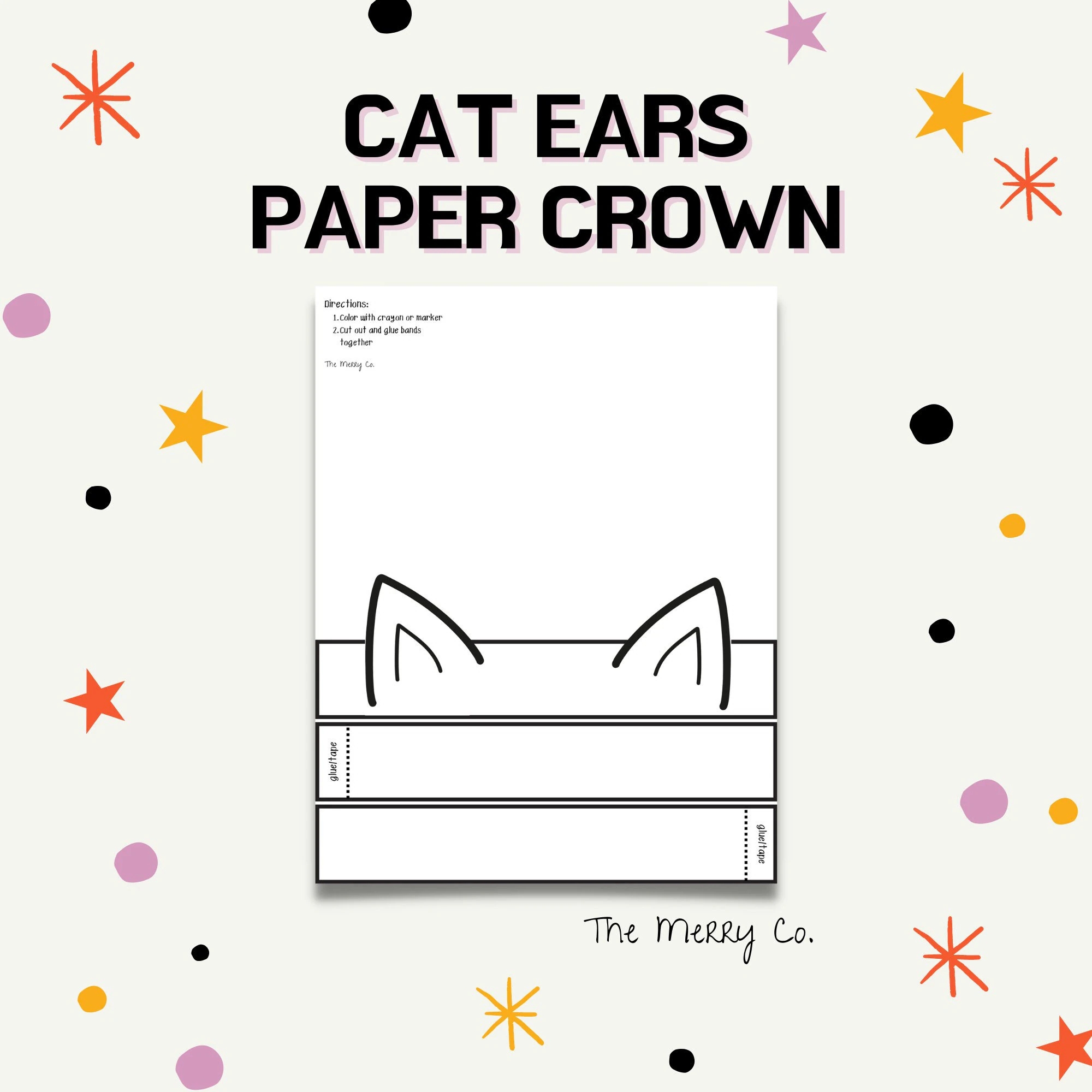Cat Ears Paper Crown Kids Halloween Coloring Printable Paper Craft Kitten Costume DIY Party Favor Cat Coloring Page Halloween Headband Etsy