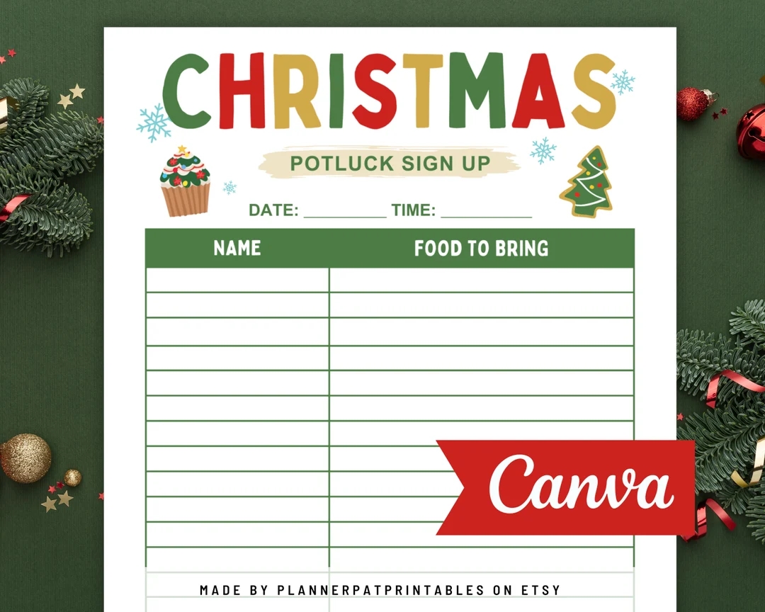 Christmas Potluck Sign Up Sheet Printable Holiday Potluck Party Canva Etsy