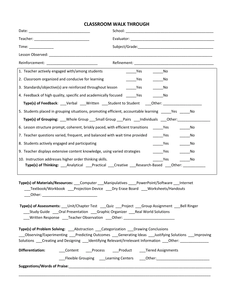 Classroom Walkthrough Template Fill Out Sign Online And Download PDF Templateroller