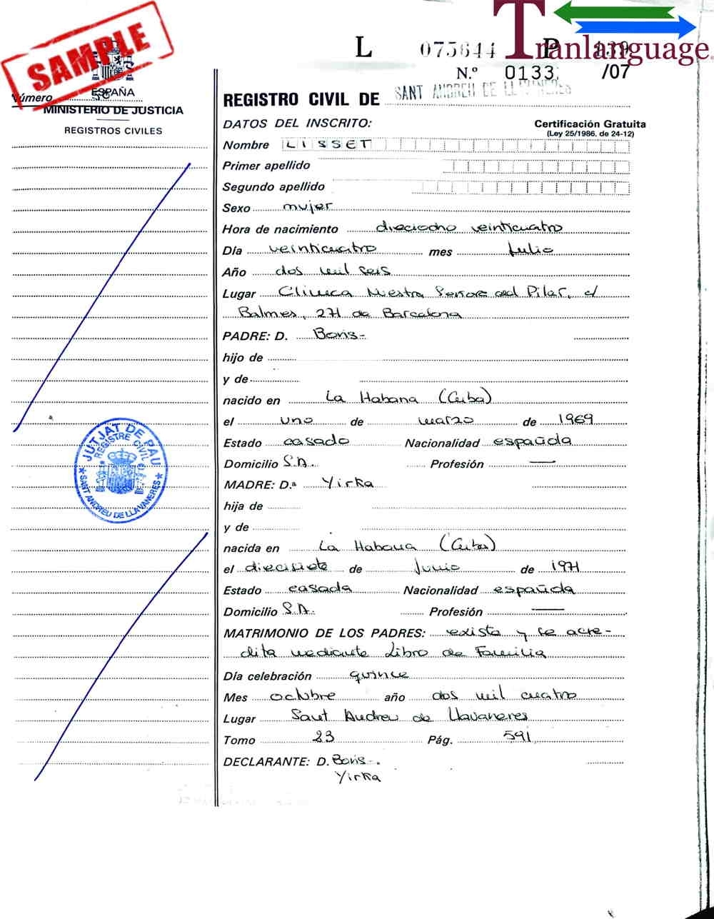 Printable Birth Certificate Translation Template