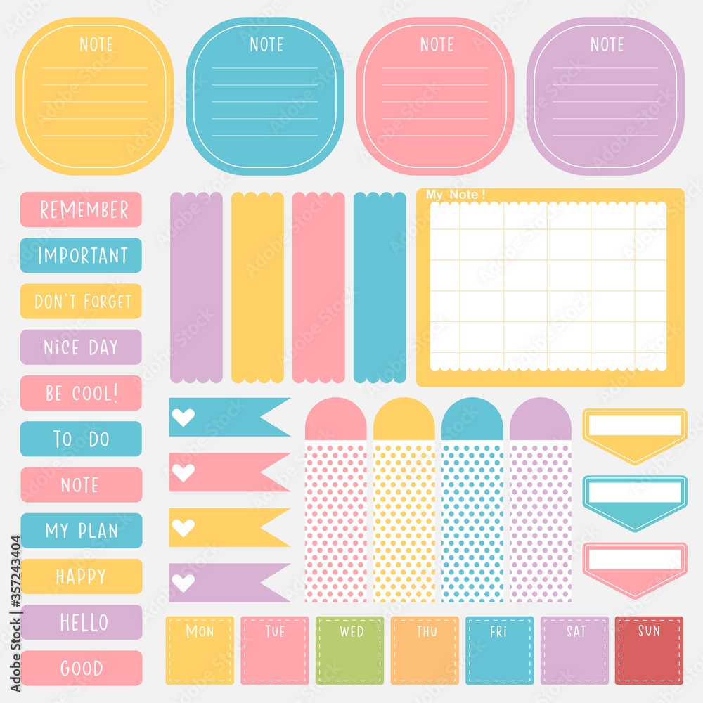 Cute Paper Notes In Sweet Color Set Printable Planner Stickers Template For Your Message Decorative Planning Element Vector Illustration Stock Vector Adobe Stock