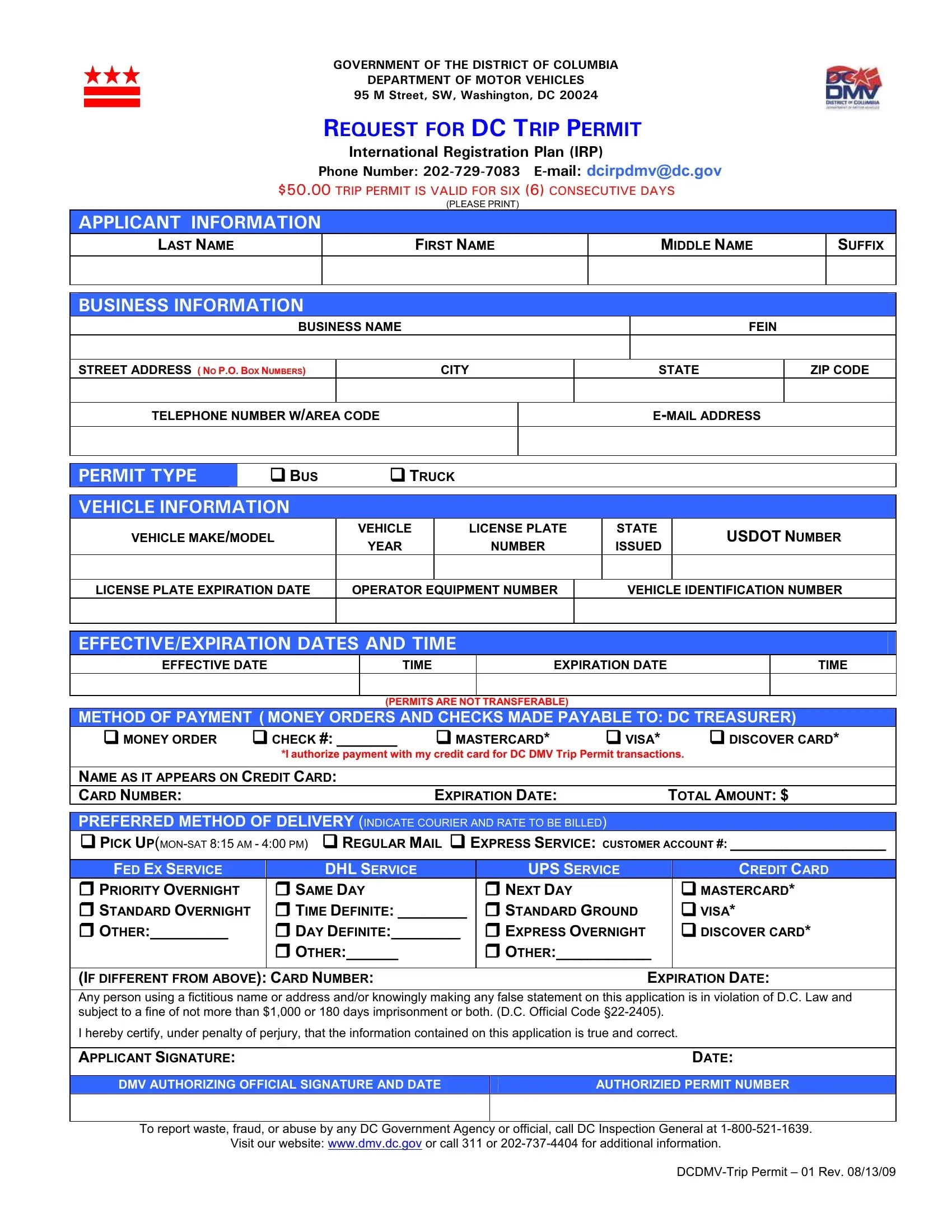 Dc Trip Permit Form Fill Out Printable PDF Forms Online