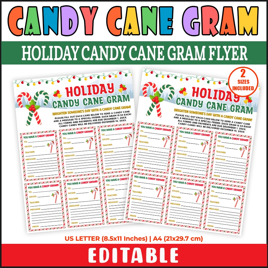 DIY Holiday Candy Cane Gram Flyer Template Xmas School PTO PTA Fundraising Event Made By Teachers