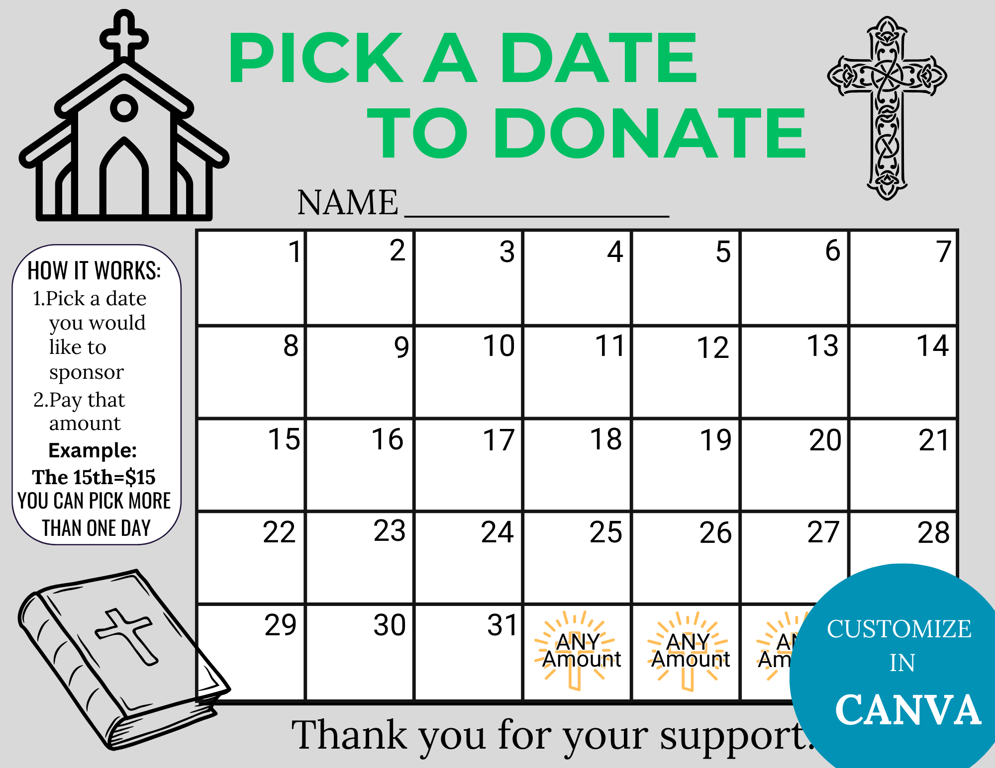 Editable Church Pick A Date To Donate Calendar Fundraiser INSTANT DOWNLOAD 