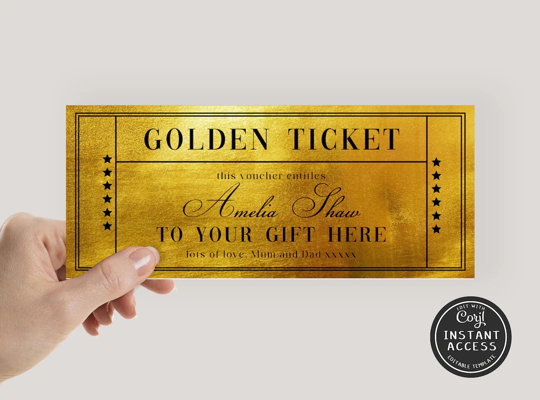 Editable Golden Ticket Gift Voucher Template Printable Golden Ticket Template Custom Golden Ticket Invitation Printable Gold Ticket Birthday Etsy UK